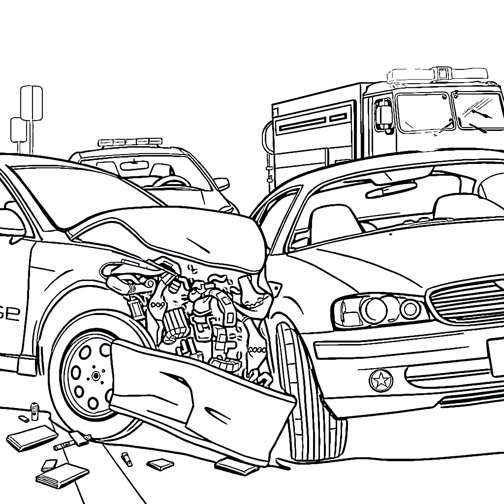 Car Accident Scene with Emergency Responders Coloring Page (free black-and-white line drawing printable PDF for all, from beginners to advanced learners, including children, teens, adults, and seniors)