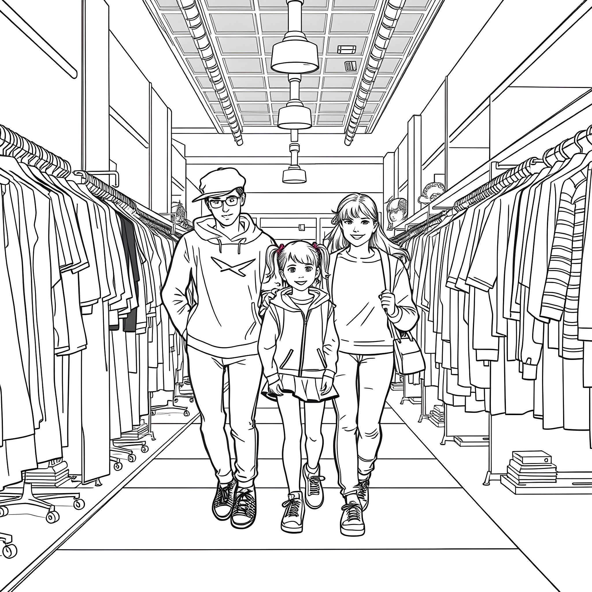 Family shopping together in clothing store Coloring Page (free black-and-white line drawing printable PDF for all, from beginners to advanced learners, including children, teens, adults, and seniors)
