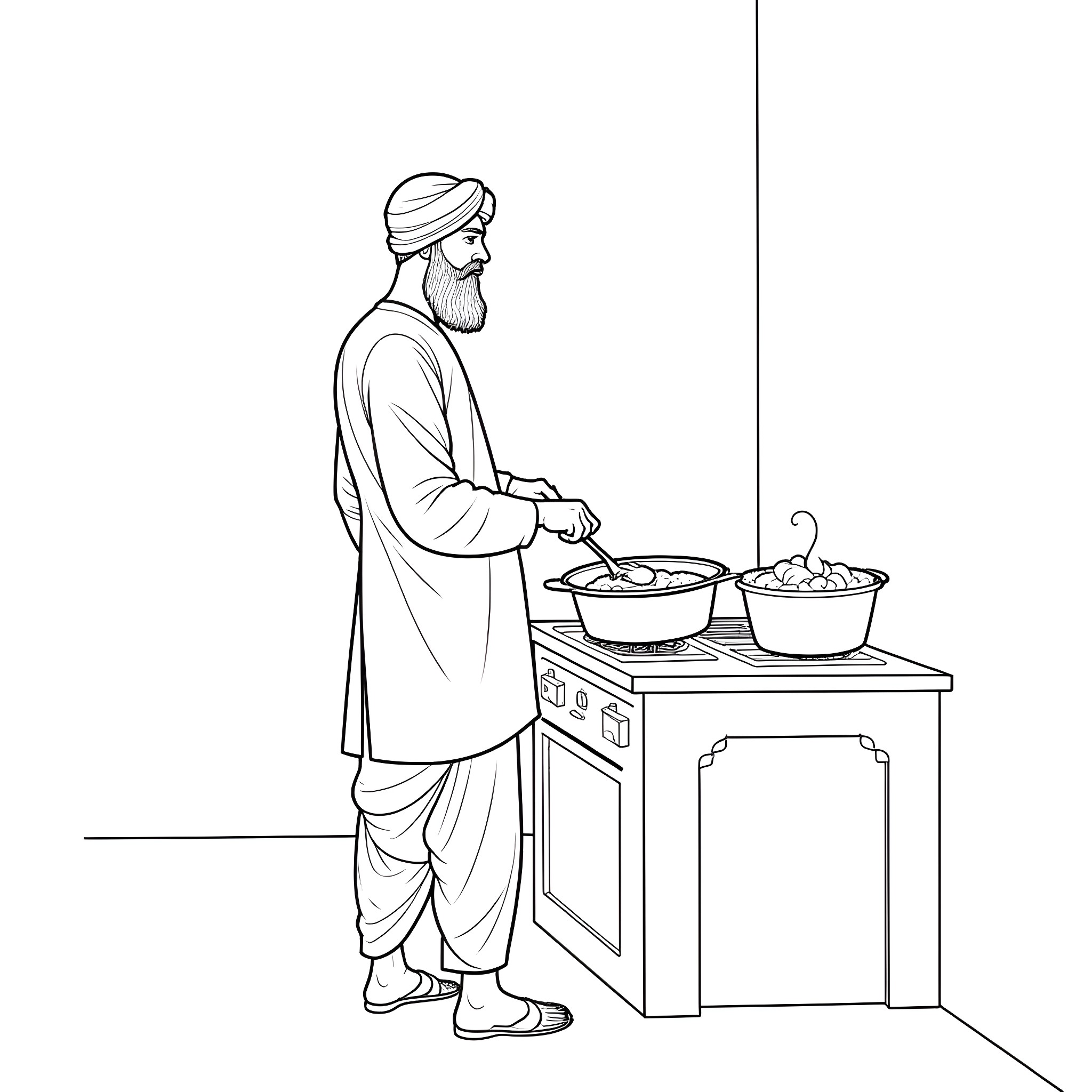 Man cooking traditional meal in kitchen Coloring Page (free black-and-white line drawing printable PDF for all, from beginners to advanced learners, including children, teens, adults, and seniors)