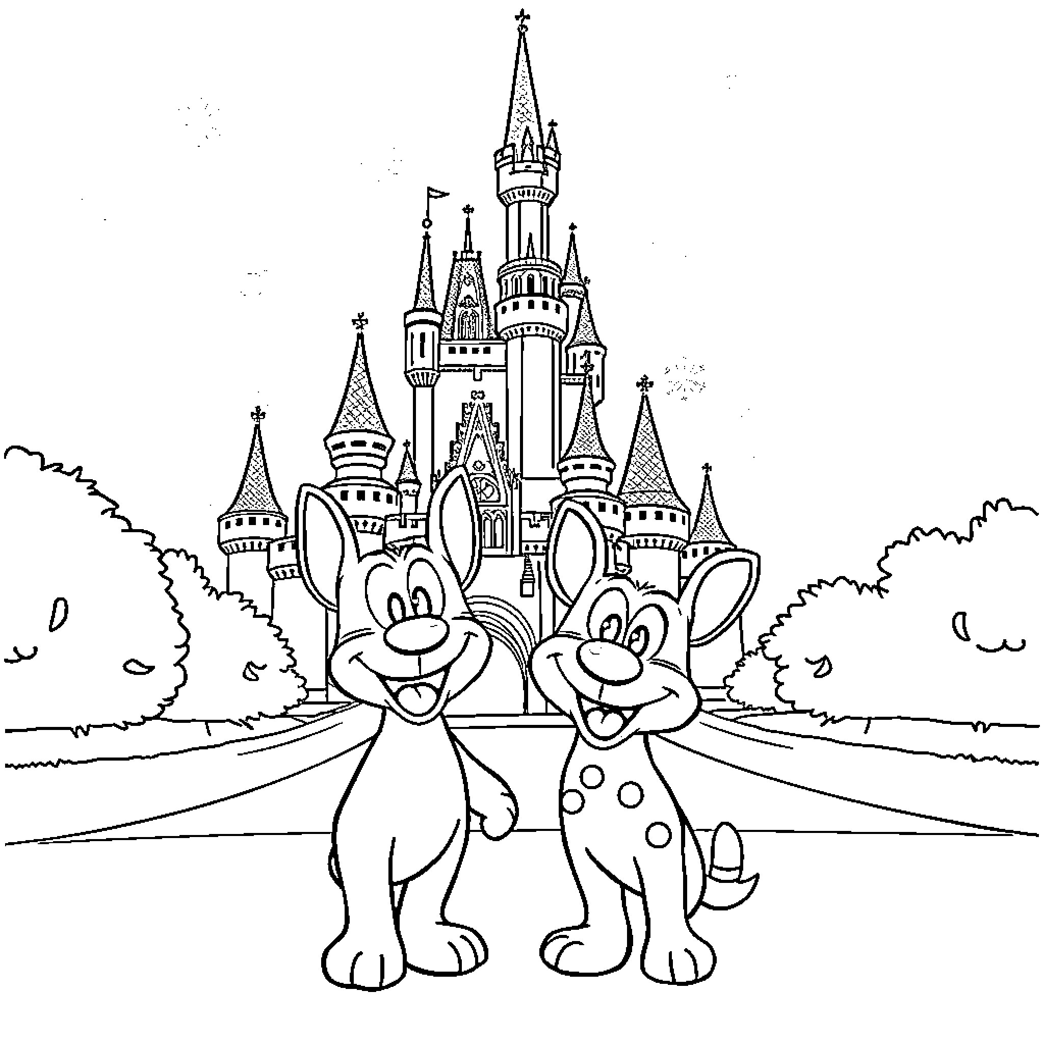 Bluey and friends explore magical castle Coloring Page (free black-and-white line drawing printable PDF for all, from beginners to advanced learners, including children, teens, adults, and seniors)