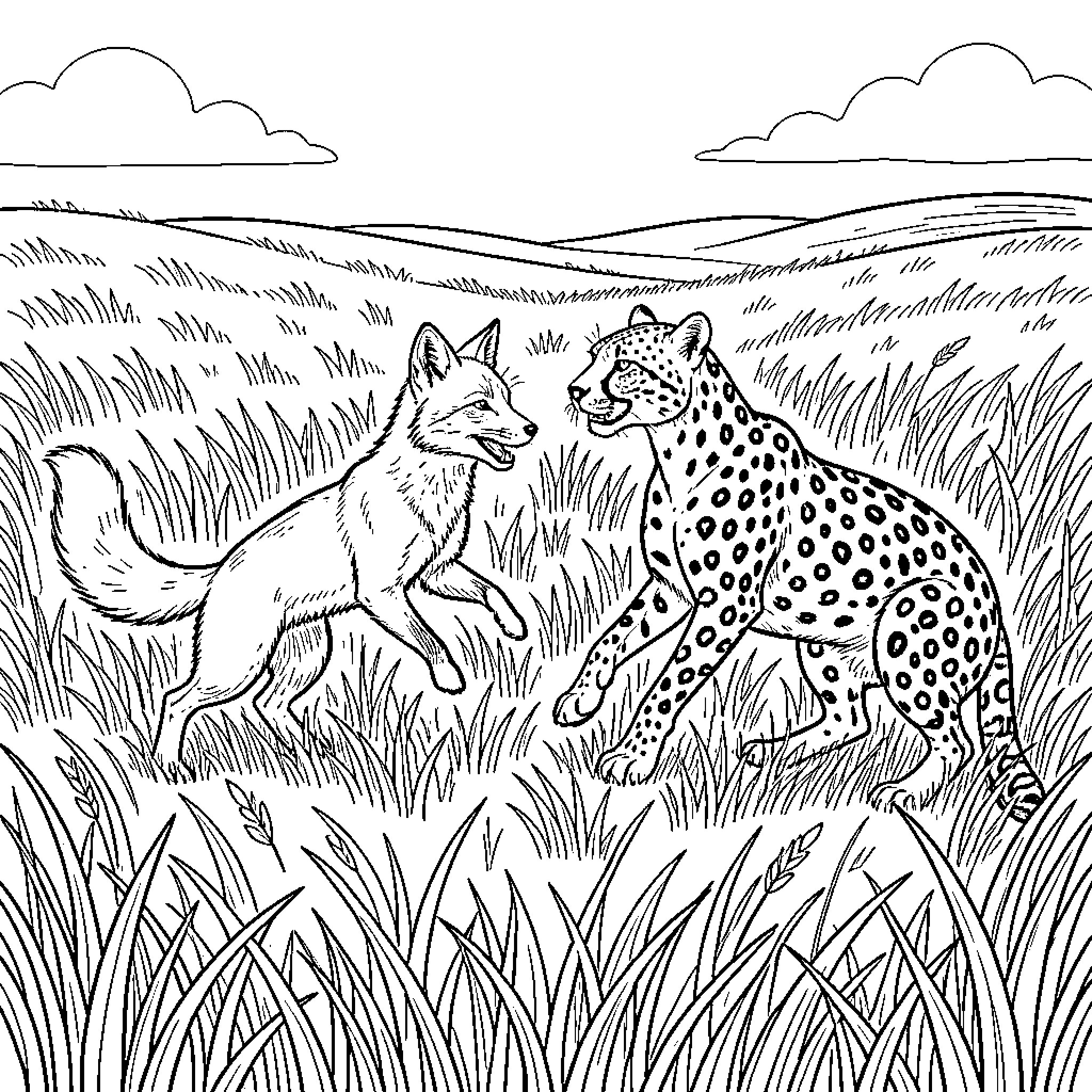 Fox interacting playfully with a spotted cheetah in grass Coloring Page (free black-and-white line drawing printable PDF for all, from beginners to advanced learners, including children, teens, adults, and seniors)
