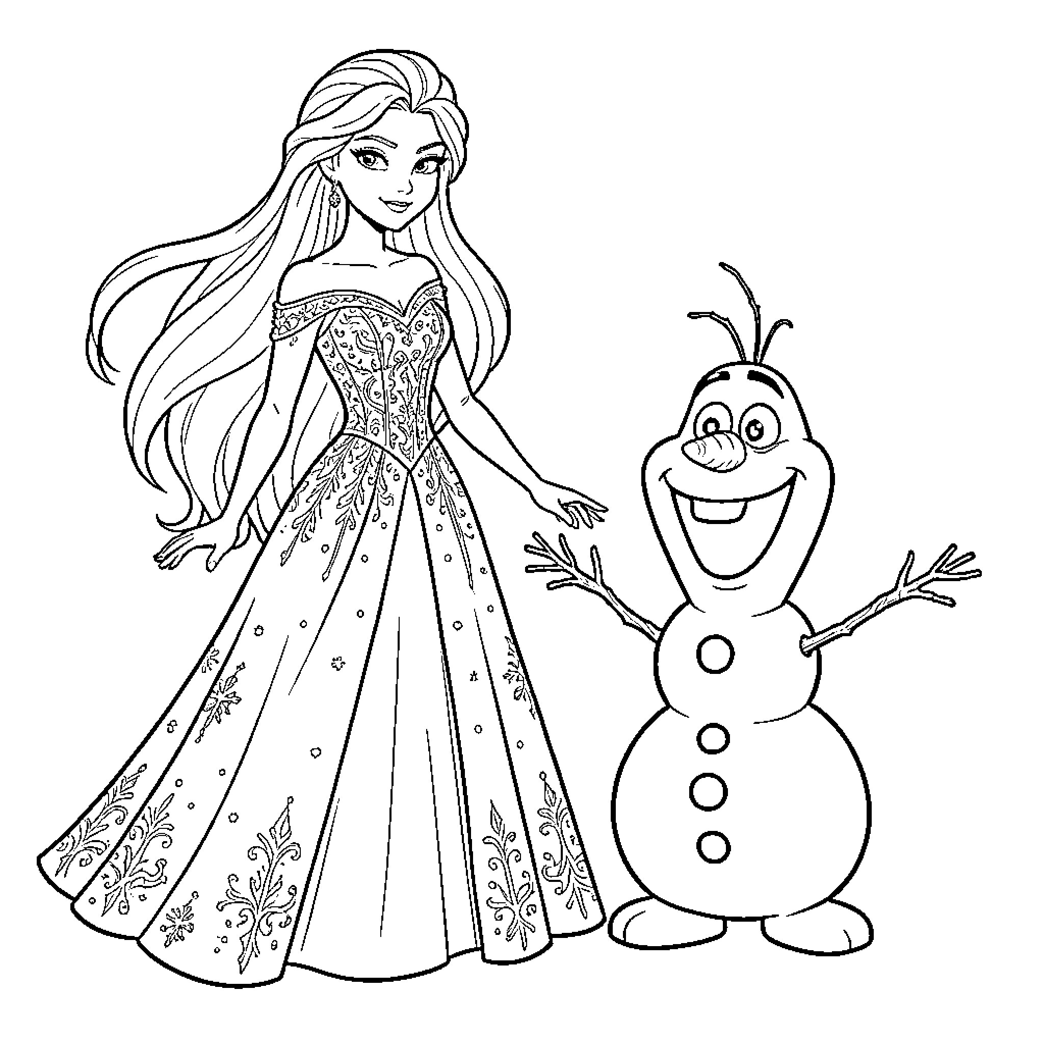 Elsa smiling in an elegant gown with Olaf Coloring Page (free black-and-white line drawing printable PDF for all, from beginners to advanced learners, including children, teens, adults, and seniors)