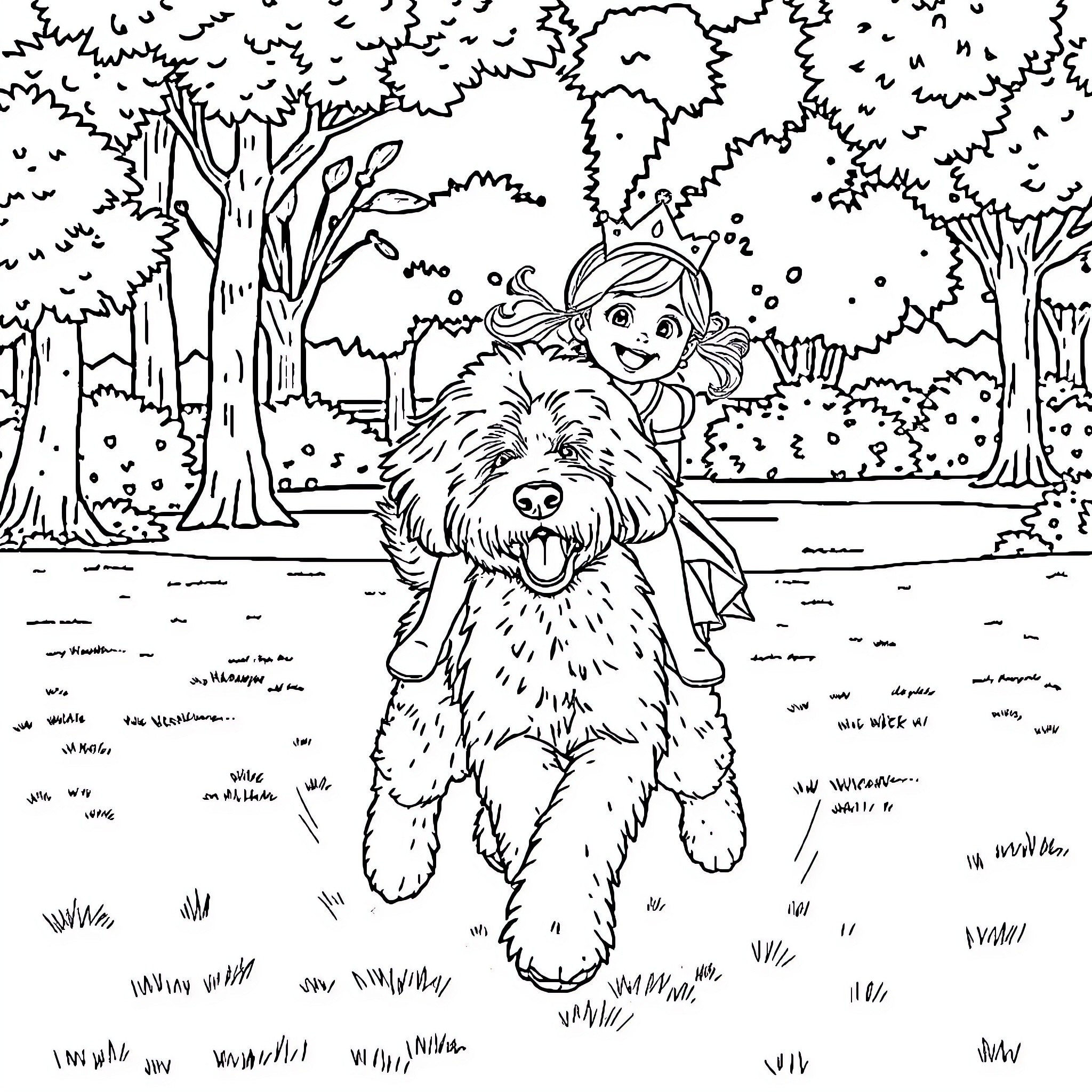 Labradoodle playing happily with a child in the woods Coloring Page (free black-and-white line drawing printable PDF for all, from beginners to advanced learners, including children, teens, adults, and seniors)