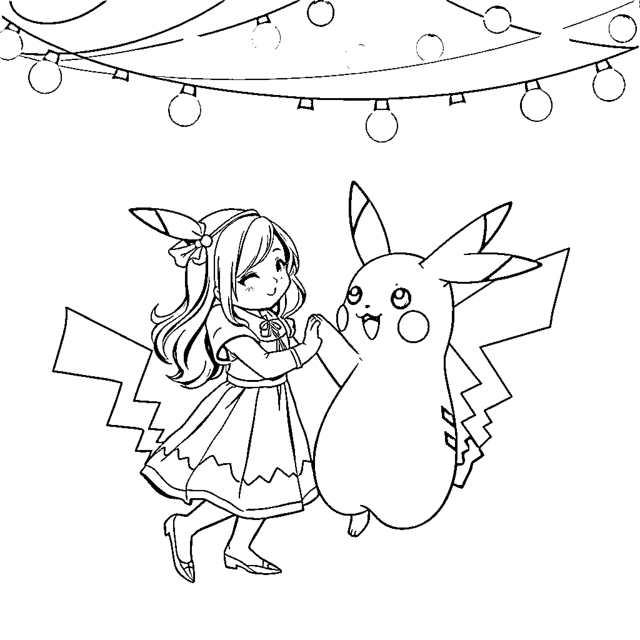 Rumi enjoying a playful moment with Pikachu Coloring Page (free black-and-white line drawing printable PDF for all, from beginners to advanced learners, including children, teens, adults, and seniors)