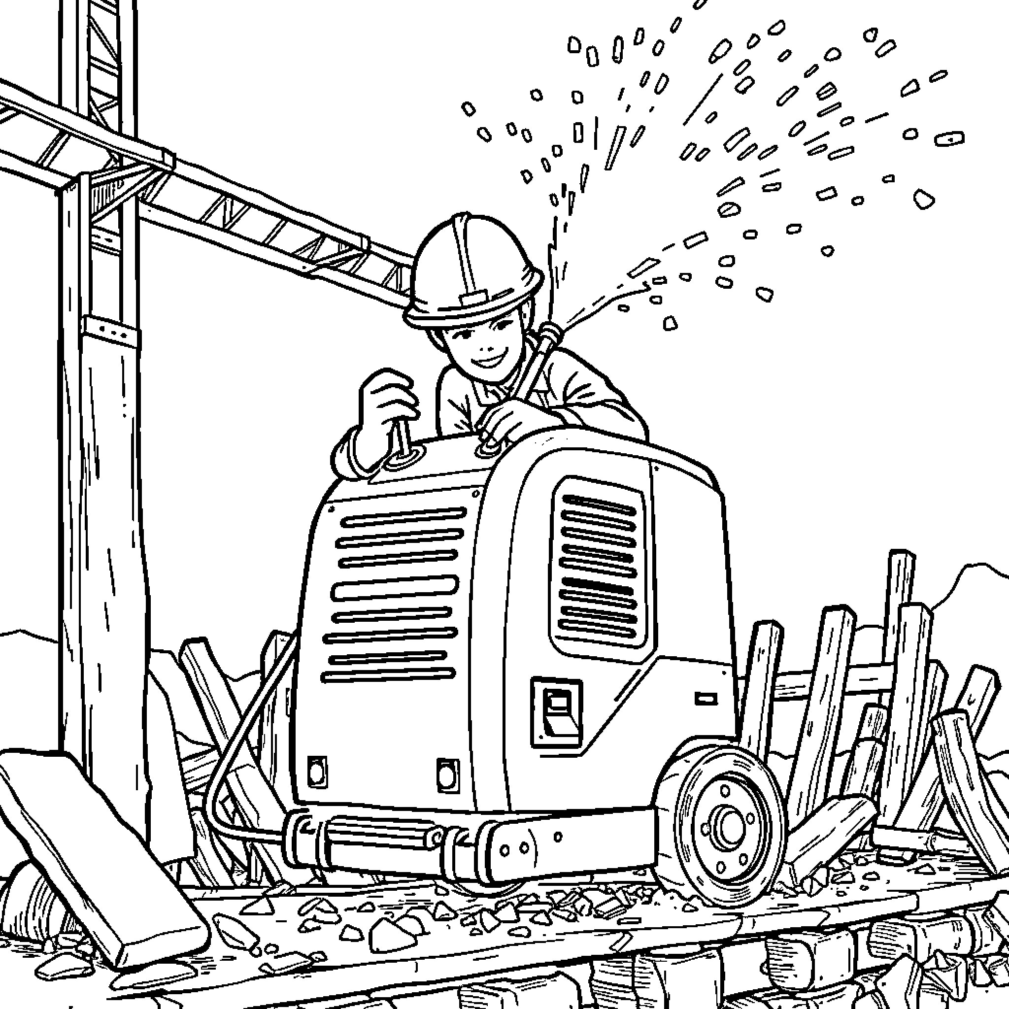 Excavator operator at work on construction site Coloring Page (free black-and-white line drawing printable PDF for all, from beginners to advanced learners, including children, teens, adults, and seniors)