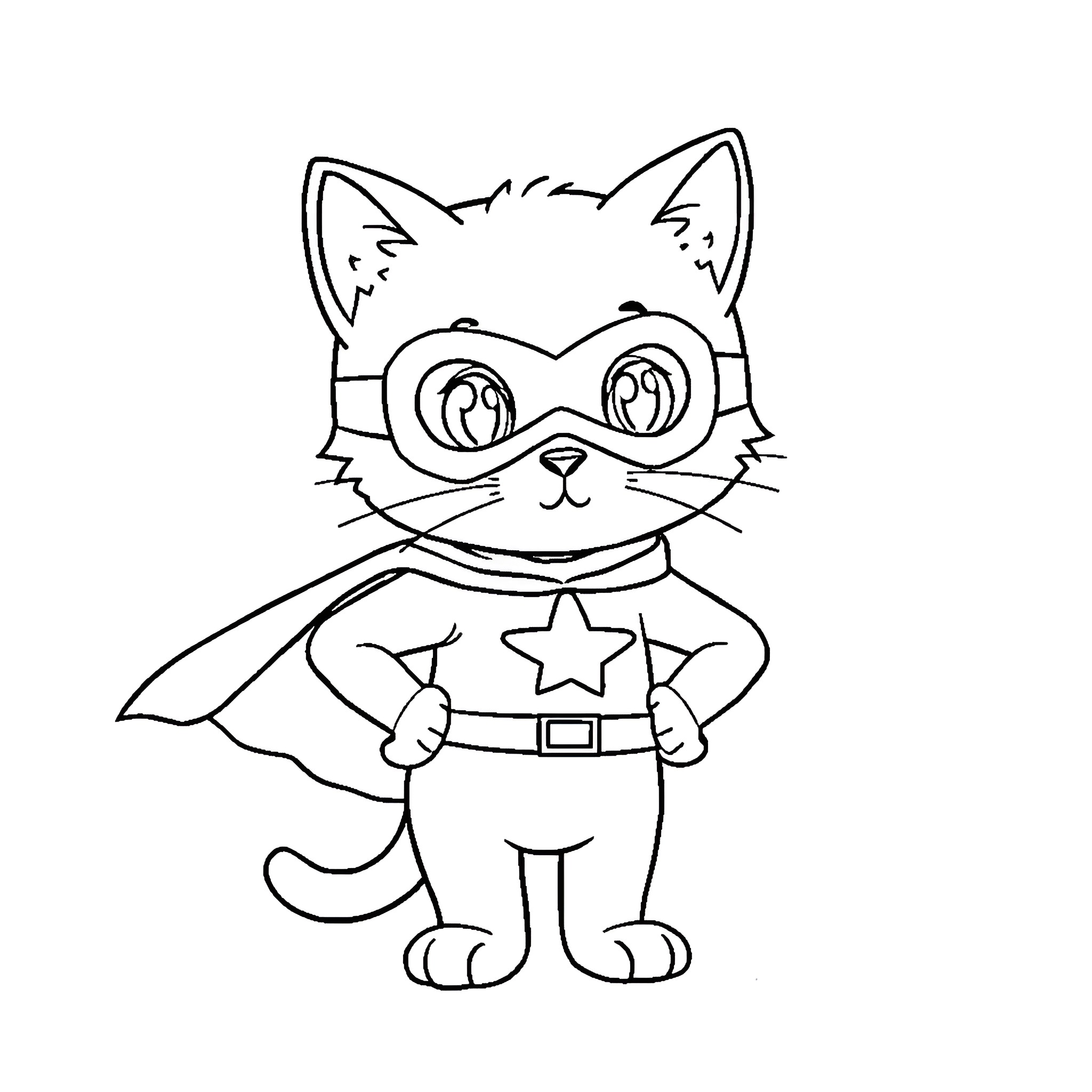Kitty superhero with costume and mask Coloring Page (free black-and-white line drawing printable PDF for all, from beginners to advanced learners, including children, teens, adults, and seniors)