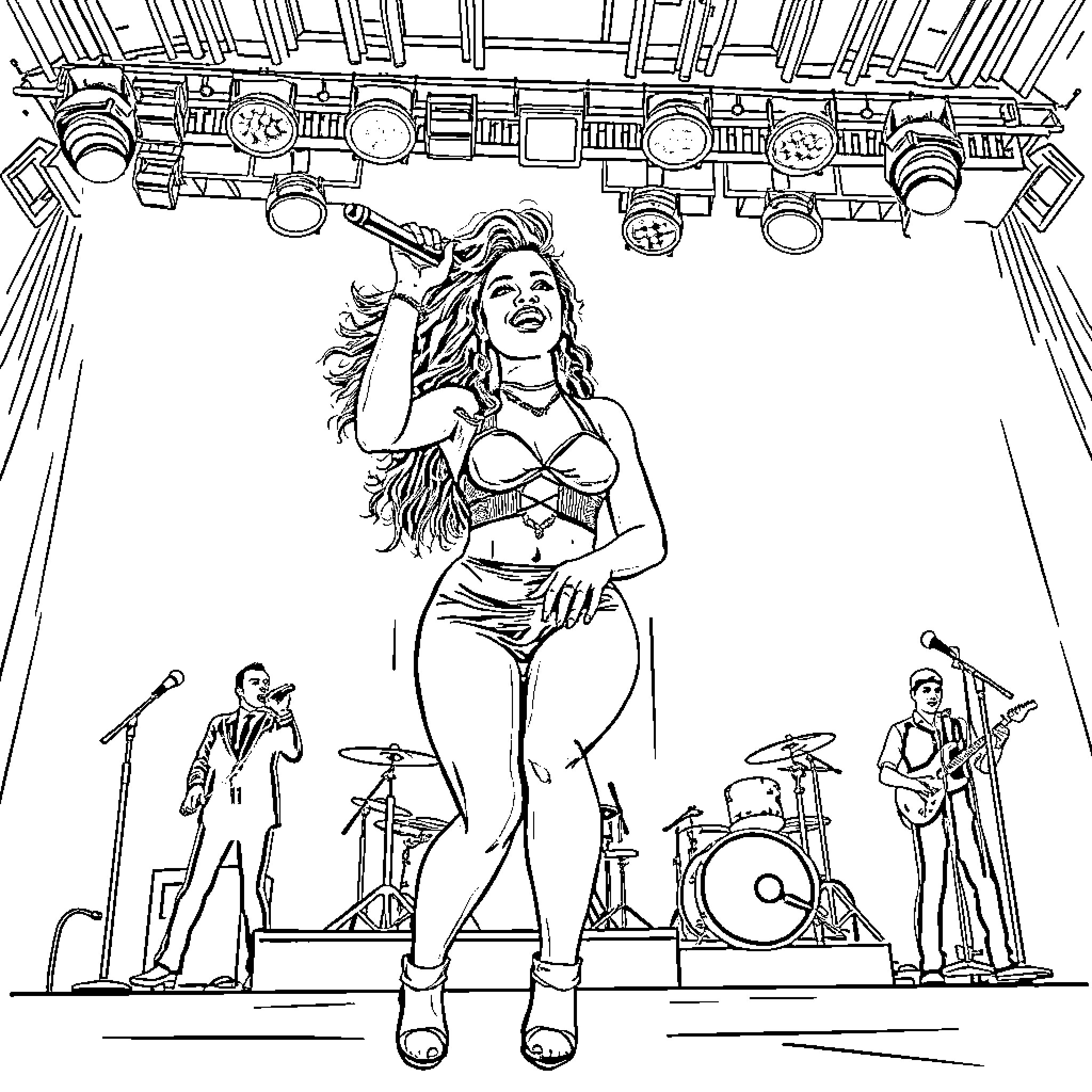 Rihanna performing on stage with band Coloring Page (free black-and-white line drawing printable PDF for all, from beginners to advanced learners, including children, teens, adults, and seniors)
