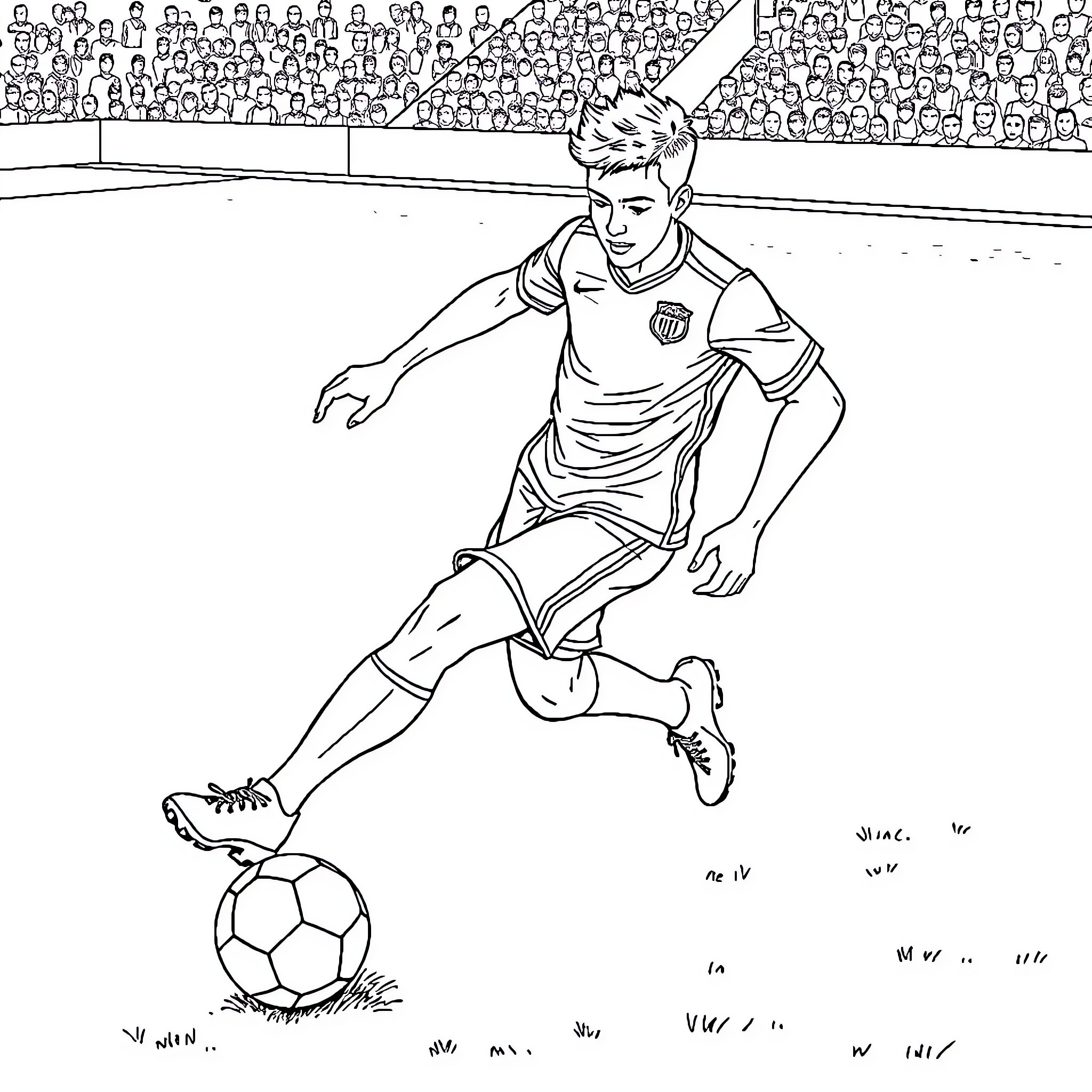 Guy playing soccer on field with crowd Coloring Page (free black-and-white line drawing printable PDF for all, from beginners to advanced learners, including children, teens, adults, and seniors)