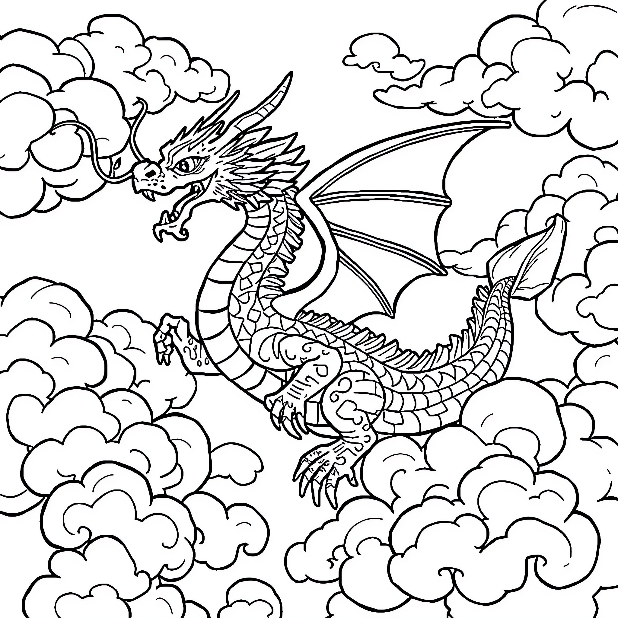 Dragon soaring through cloudy skies Coloring Page (free black-and-white line drawing printable PDF for all, from beginners to advanced learners, including children, teens, adults, and seniors)