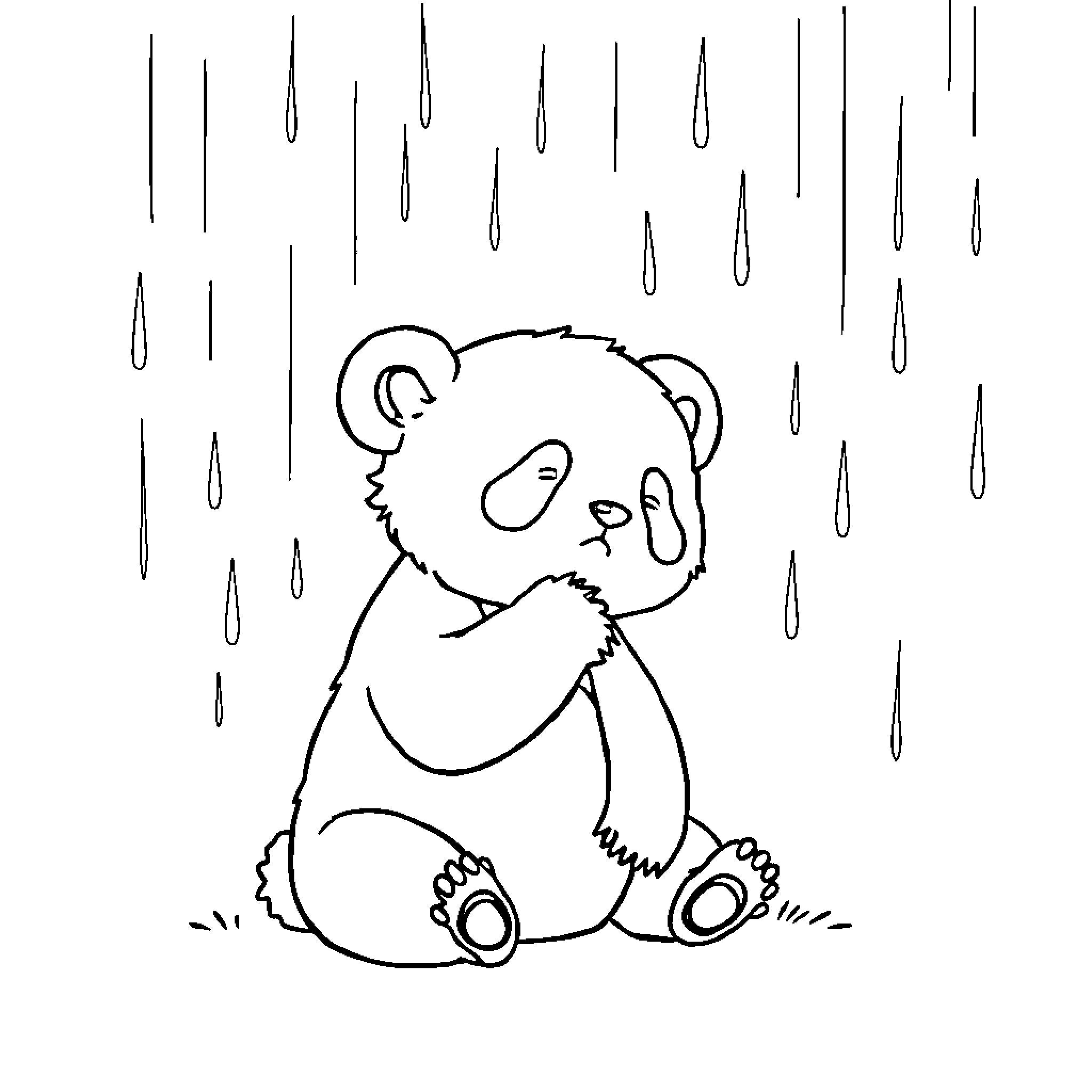 Panda sitting in the rain Coloring Page (free black-and-white line drawing printable PDF for all, from beginners to advanced learners, including children, teens, adults, and seniors)