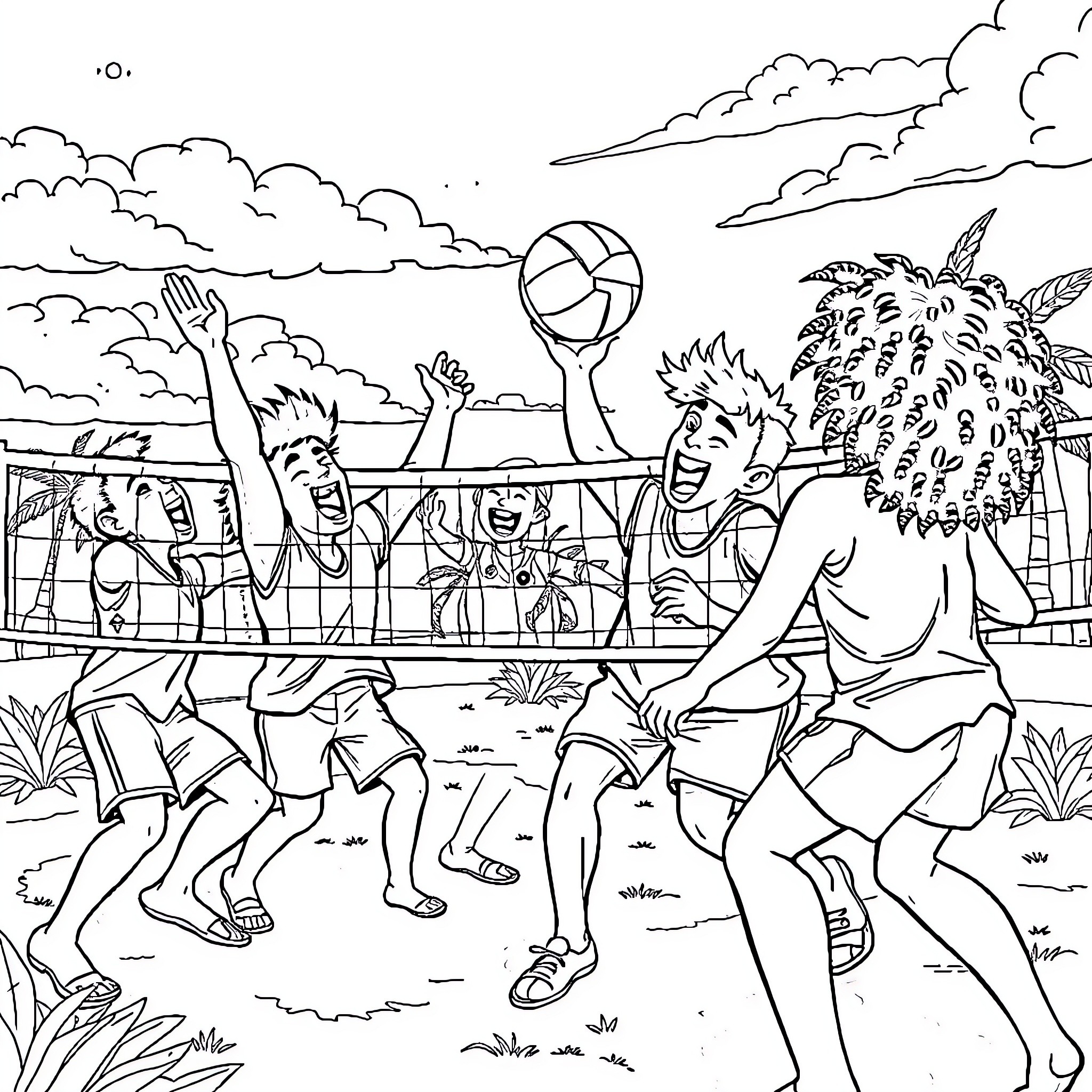 Volley at the Beach: A Lively Volleyball Game Coloring Page (free black-and-white line drawing printable PDF for all, from beginners to advanced learners, including children, teens, adults, and seniors)