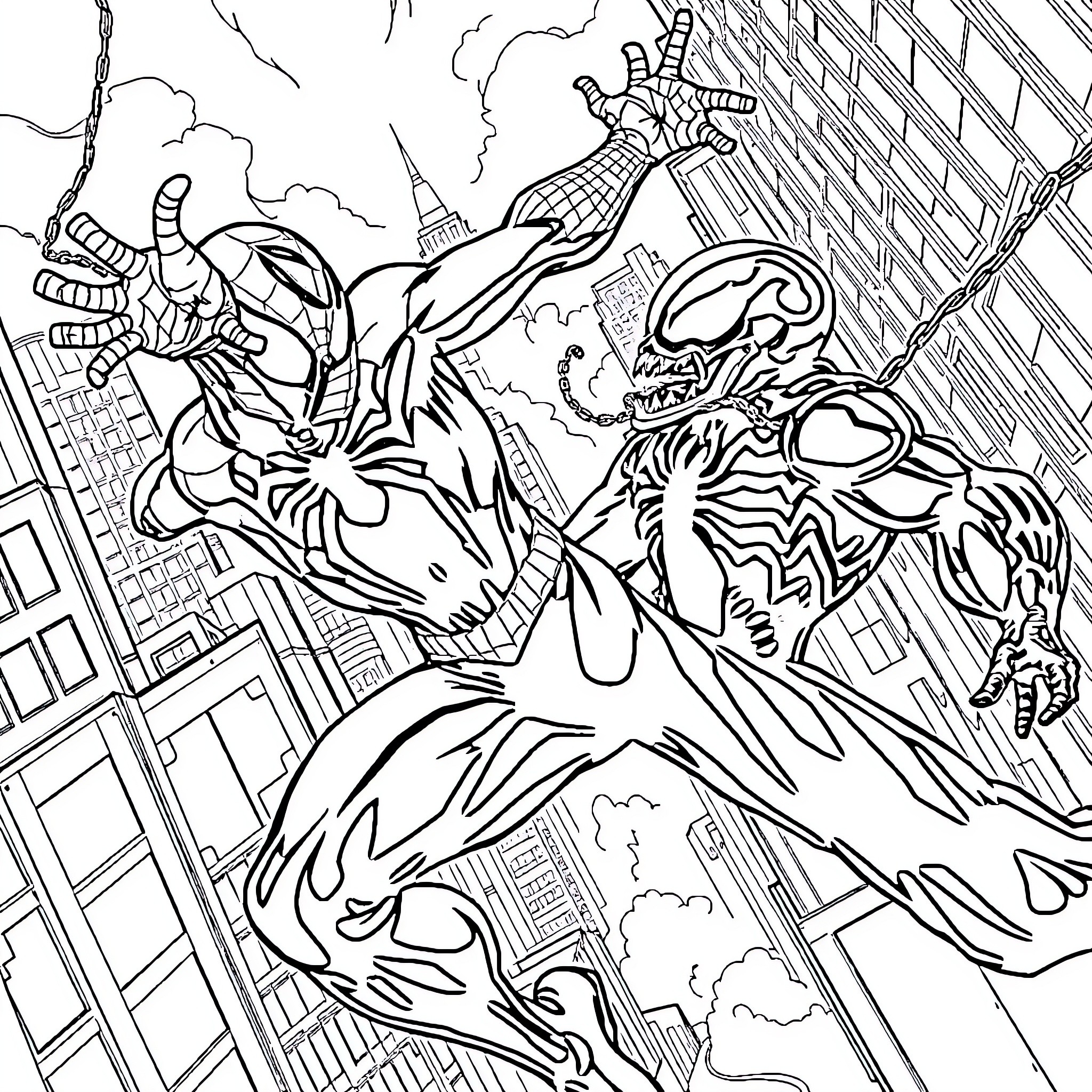 Spiderman in action against villainous monster Coloring Page (free black-and-white line drawing printable PDF for all, from beginners to advanced learners, including children, teens, adults, and seniors)
