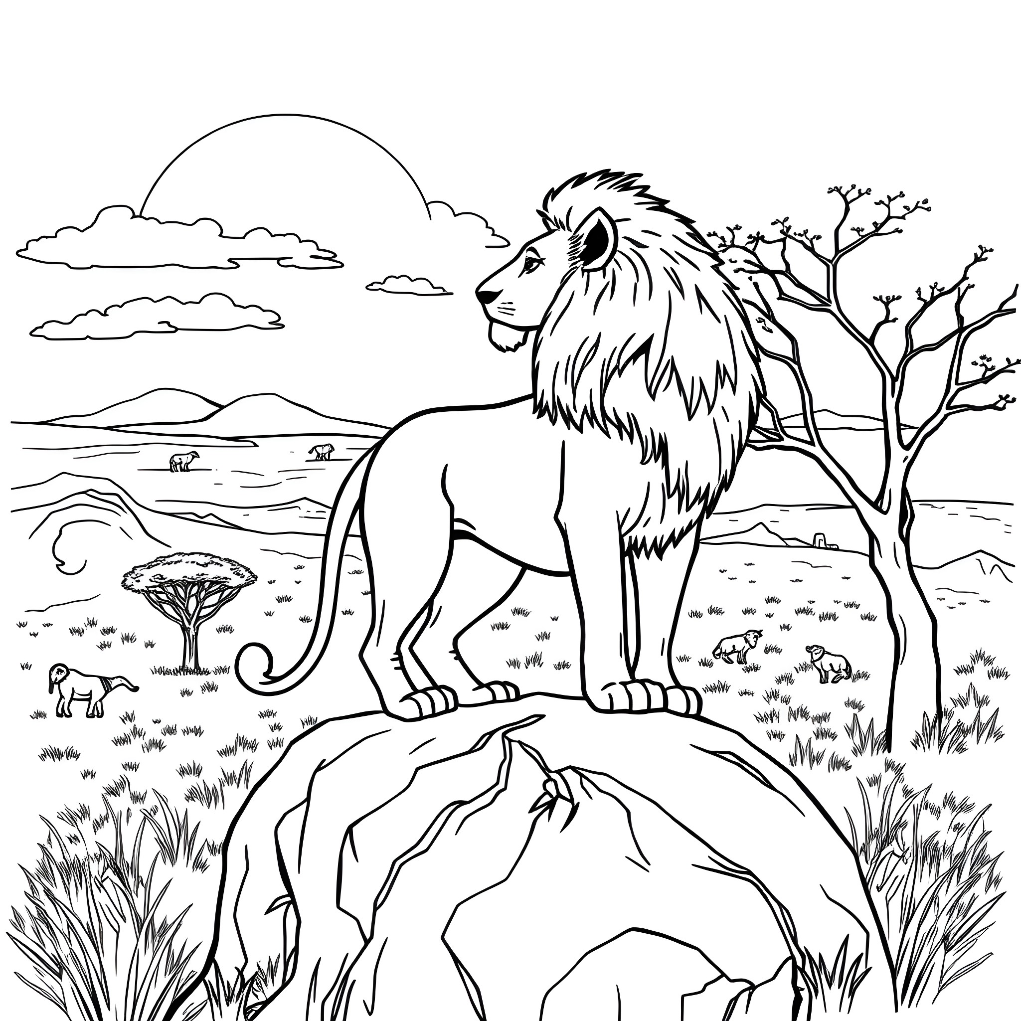 Lioness surveying the African savanna landscape Coloring Page (free black-and-white line drawing printable PDF for all, from beginners to advanced learners, including children, teens, adults, and seniors)