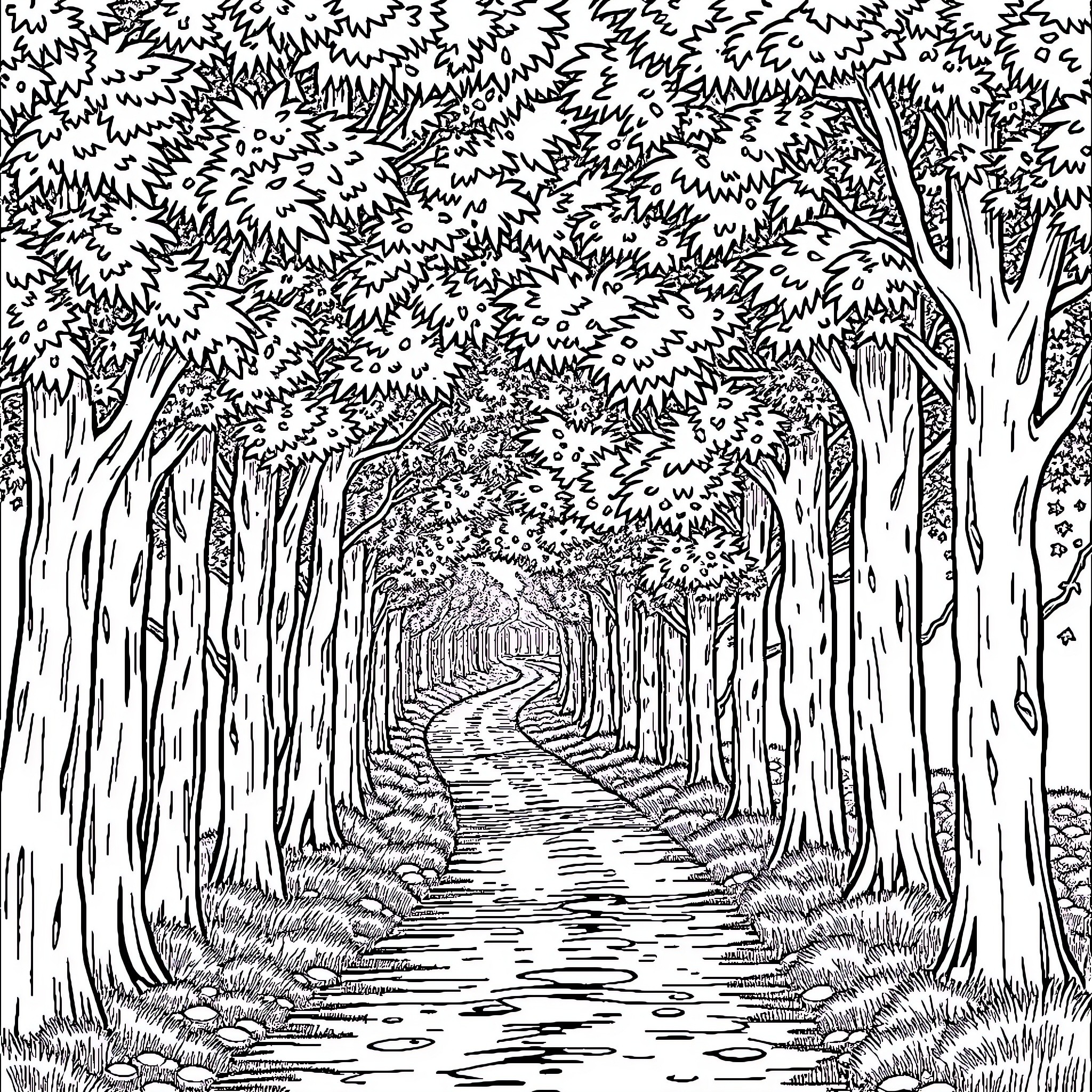 Tree-lined path through a serene forest Coloring Page (free black-and-white line drawing printable PDF for all, from beginners to advanced learners, including children, teens, adults, and seniors)