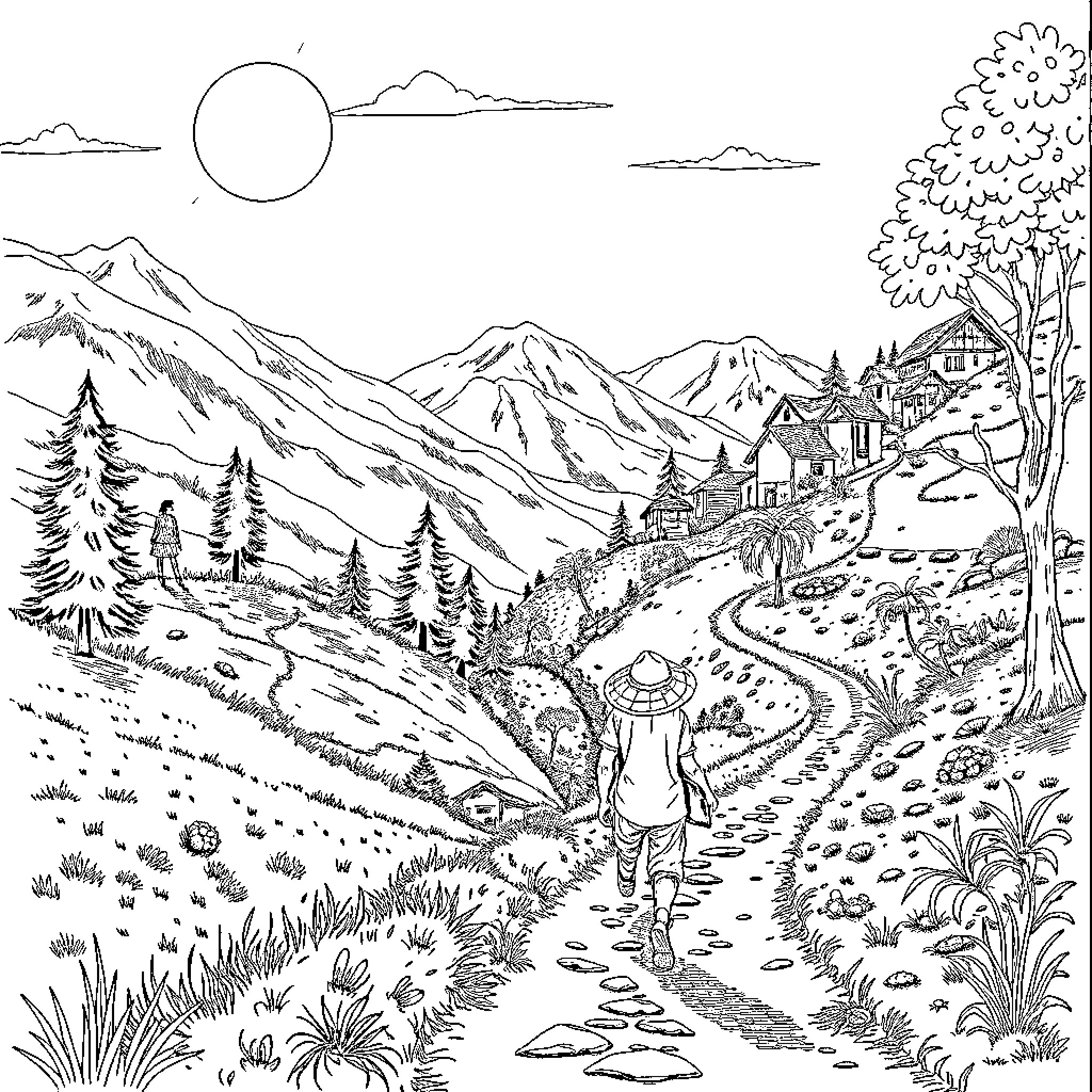 Lando's Adventure in the Mountainous Landscape Coloring Page (free black-and-white line drawing printable PDF for all, from beginners to advanced learners, including children, teens, adults, and seniors)