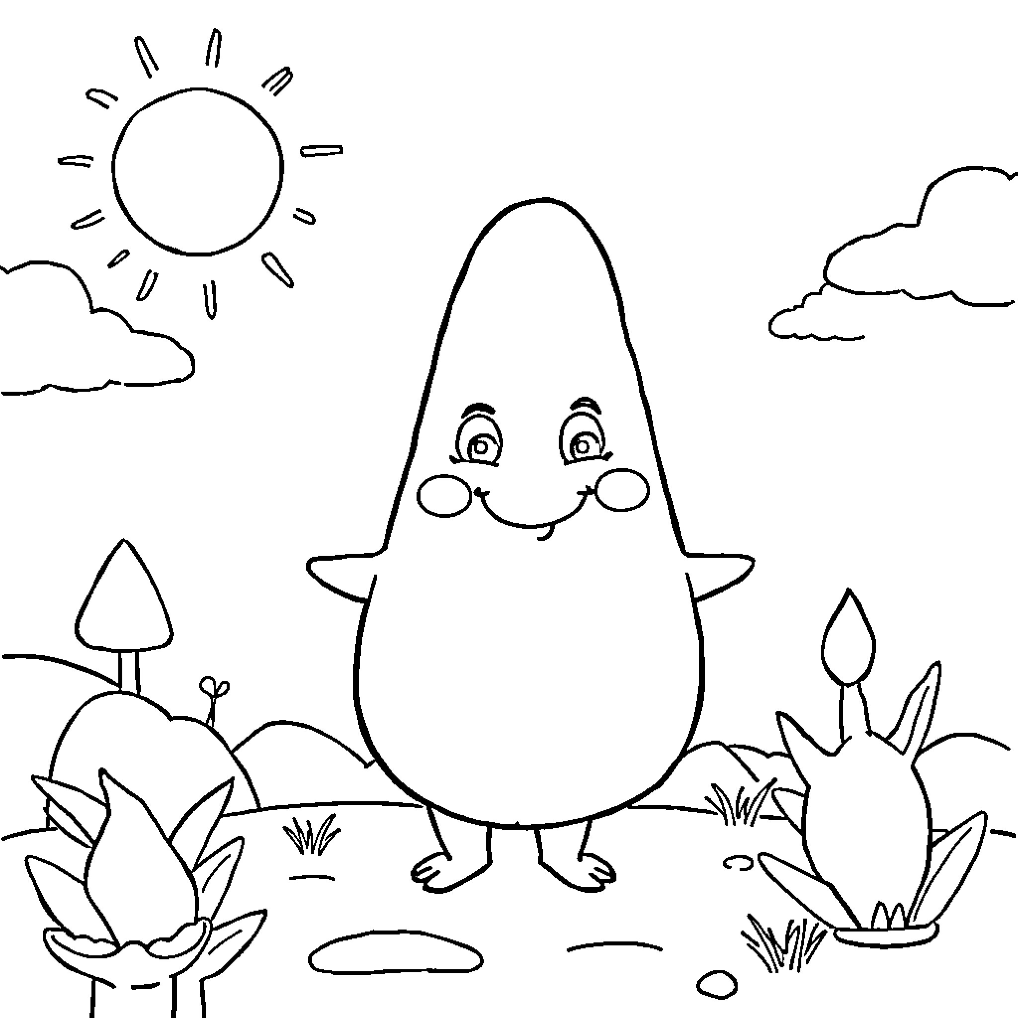 Barbapapa enjoying a sunny day outdoors Coloring Page (free black-and-white line drawing printable PDF for all, from beginners to advanced learners, including children, teens, adults, and seniors)