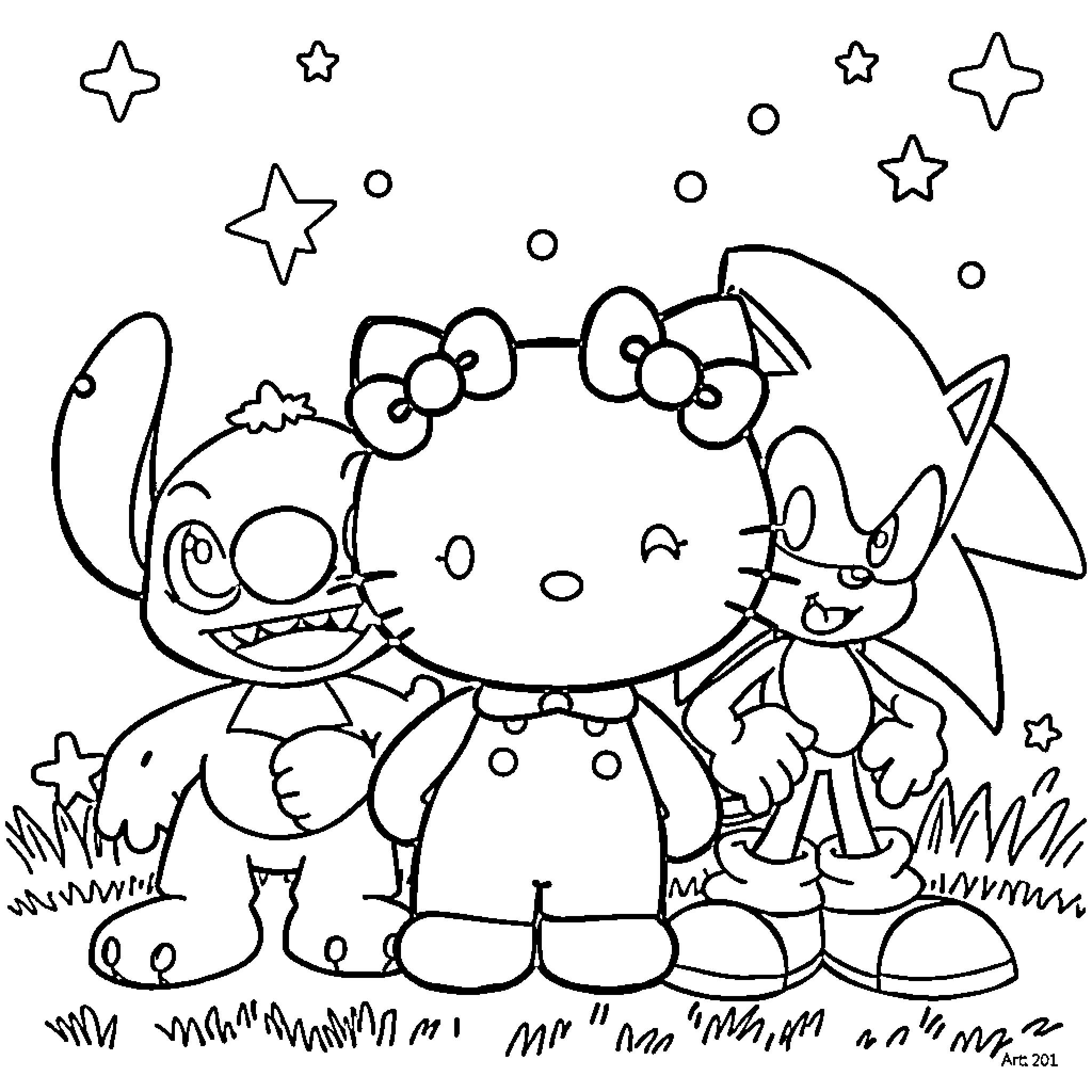 Hello Kitty and Friends in Playful Encounter Coloring Page (free black-and-white line drawing printable PDF for all, from beginners to advanced learners, including children, teens, adults, and seniors)