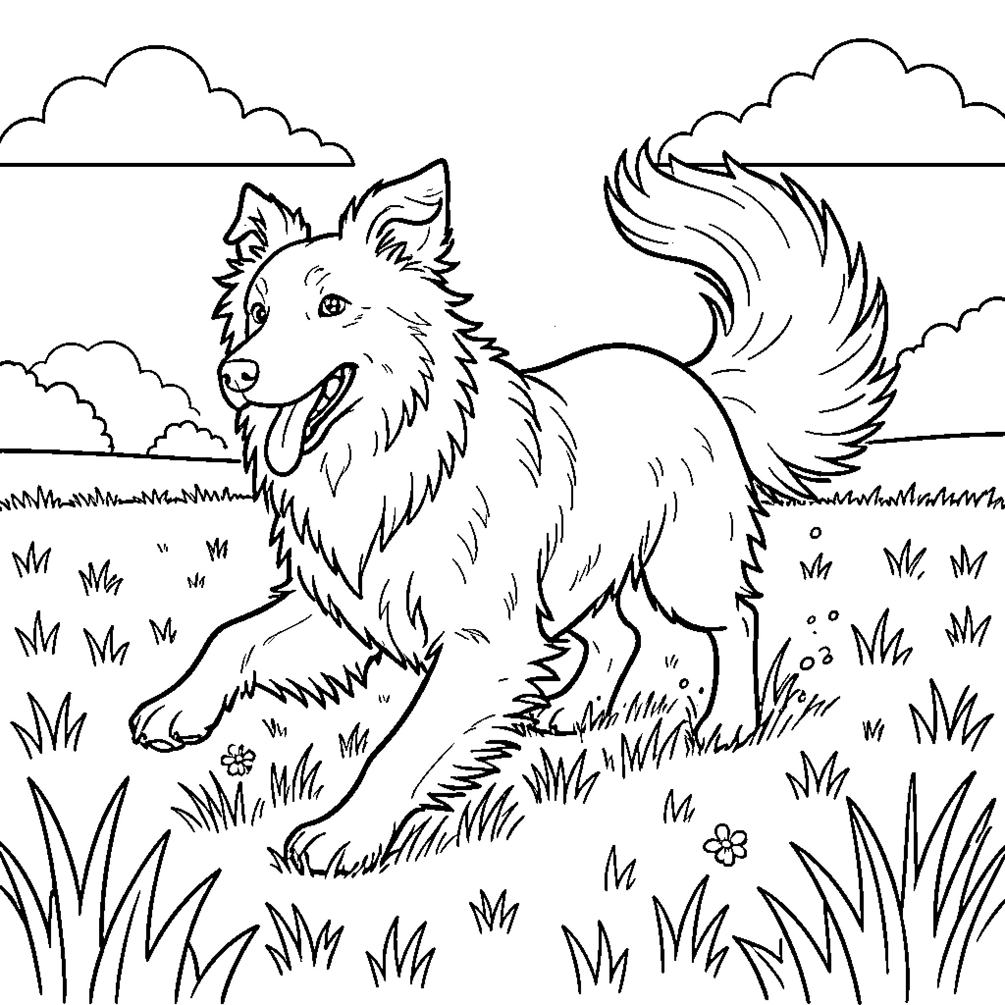 Border Collie running happily through a grassy field Coloring Page (free black-and-white line drawing printable PDF for all, from beginners to advanced learners, including children, teens, adults, and seniors)