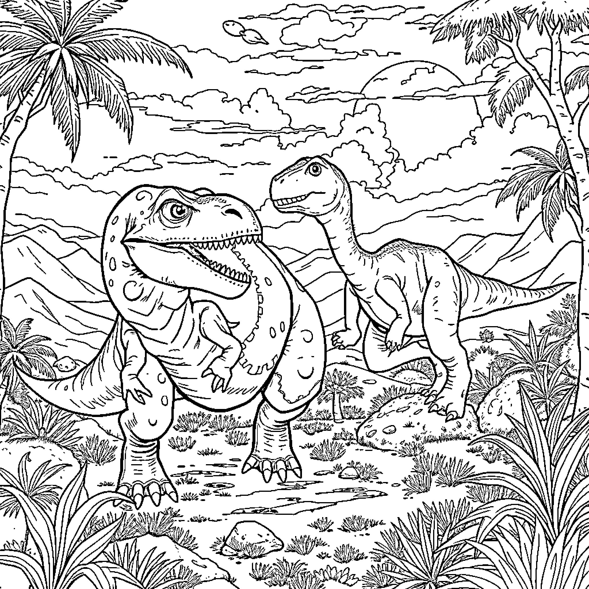 Tyrannosaurus dinosaurs roaming in the prehistoric landscape Coloring Page (free black-and-white line drawing printable PDF for all, from beginners to advanced learners, including children, teens, adults, and seniors)