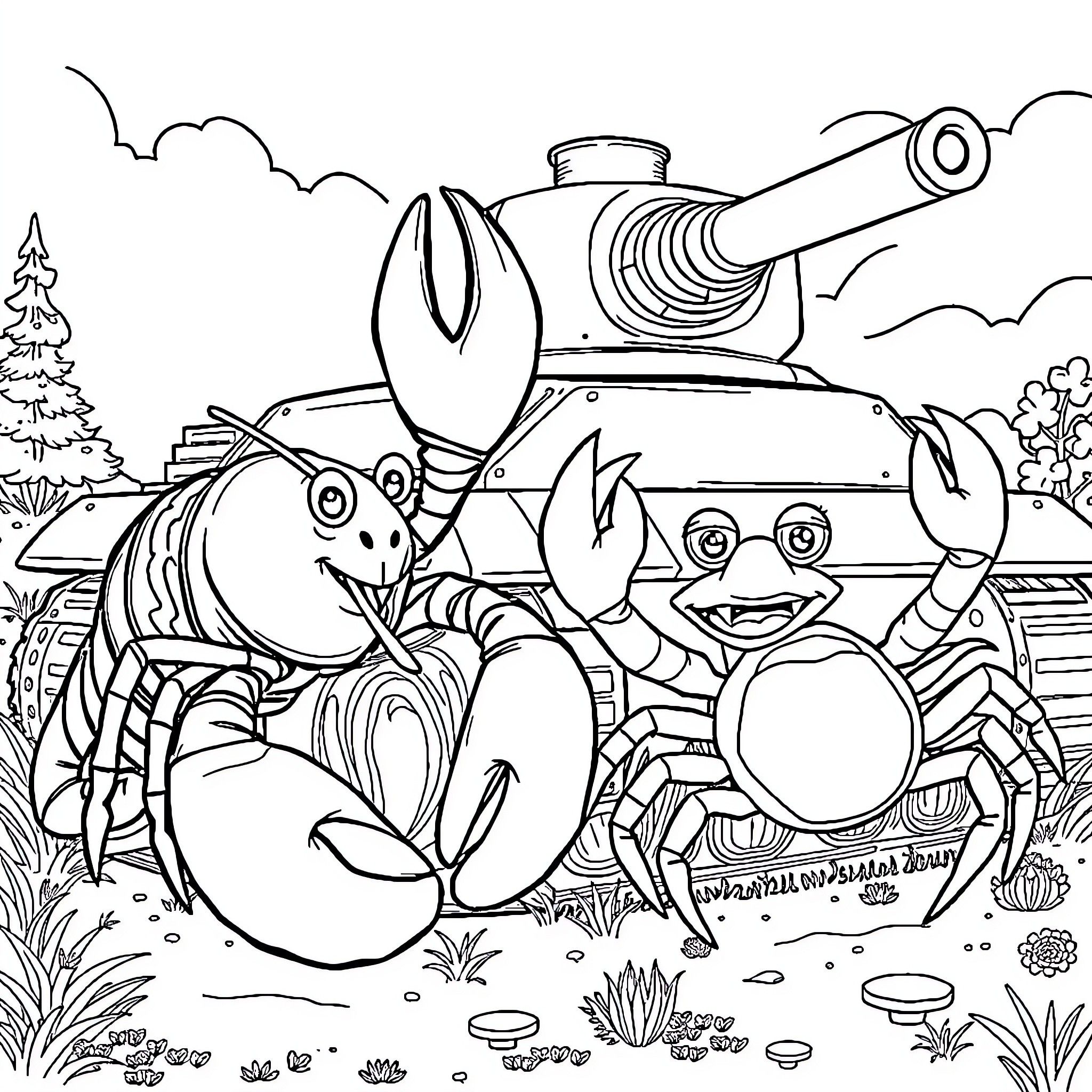 Lobster Tank Battle Between Crustaceans Coloring Page (free black-and-white line drawing printable PDF for all, from beginners to advanced learners, including children, teens, adults, and seniors)