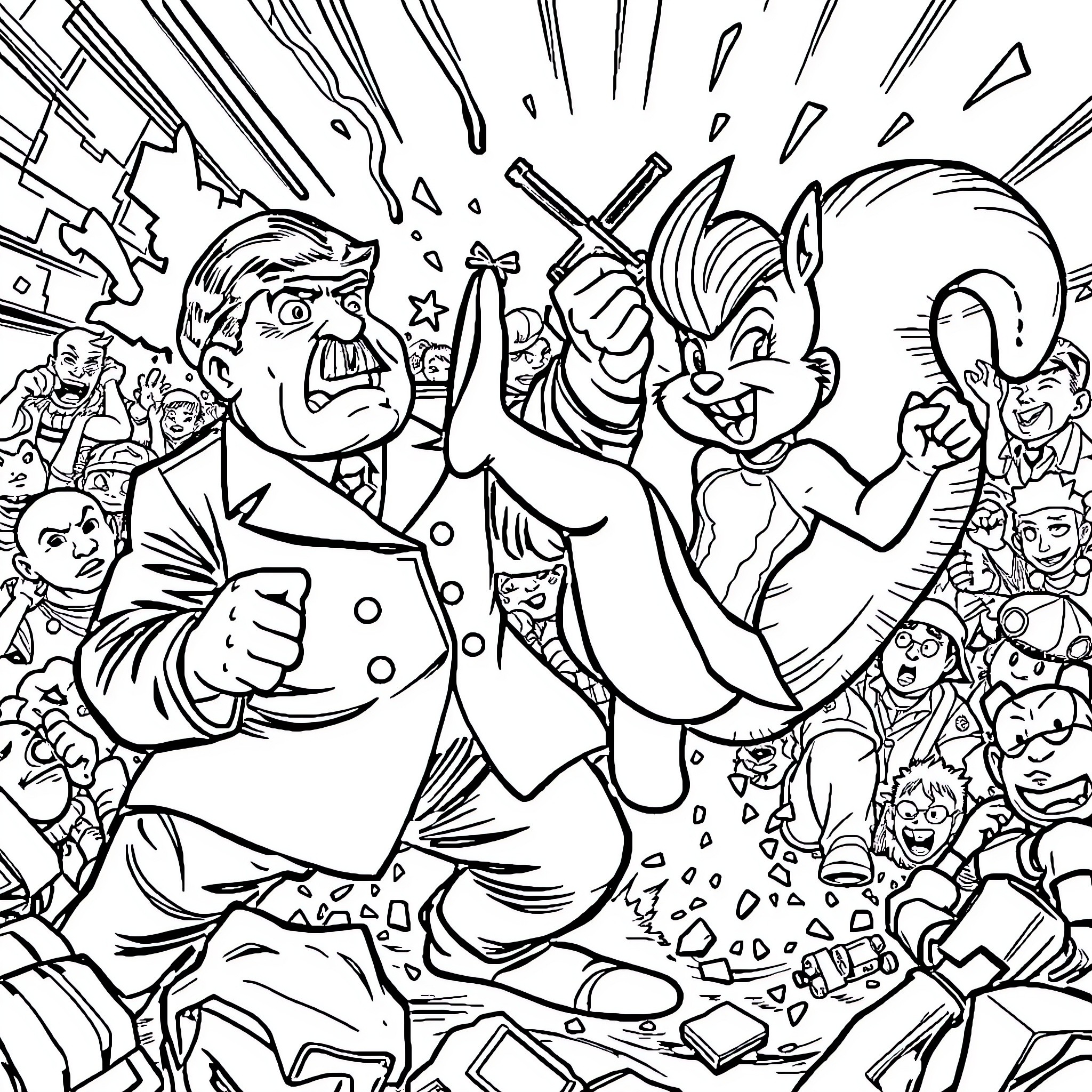 Squirrel Girl's Lively Adventures and Antics Coloring Page (free black-and-white line drawing printable PDF for all, from beginners to advanced learners, including children, teens, adults, and seniors)