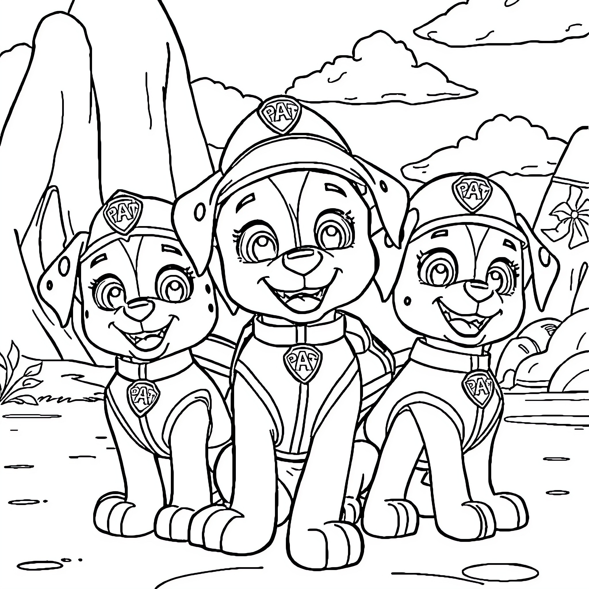 Paw Patrol Pups Cheerfully Assisting in Outdoor Adventure Coloring Page (free black-and-white line drawing printable PDF for all, from beginners to advanced learners, including children, teens, adults, and seniors)