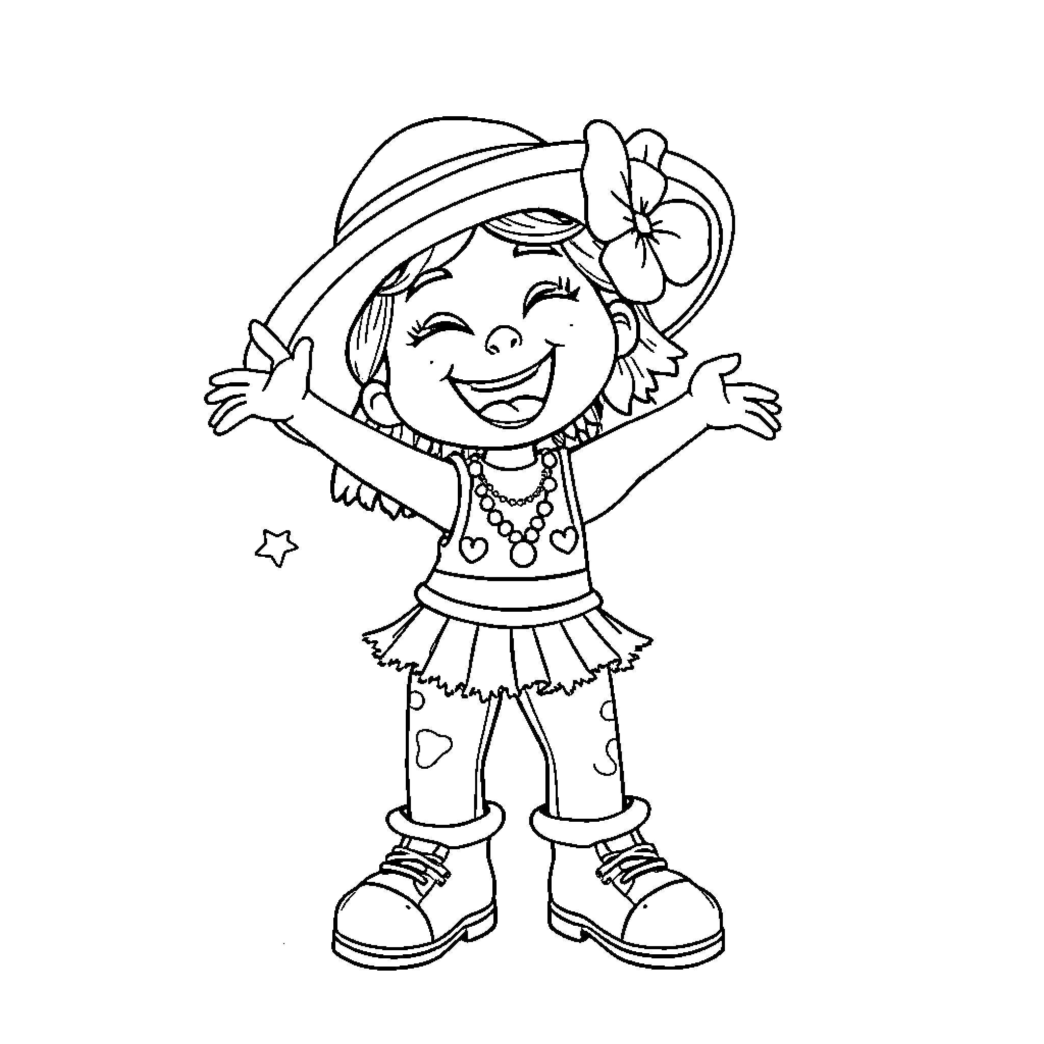 Payasita excitedly posing in colorful outfit Coloring Page (free black-and-white line drawing printable PDF for all, from beginners to advanced learners, including children, teens, adults, and seniors)