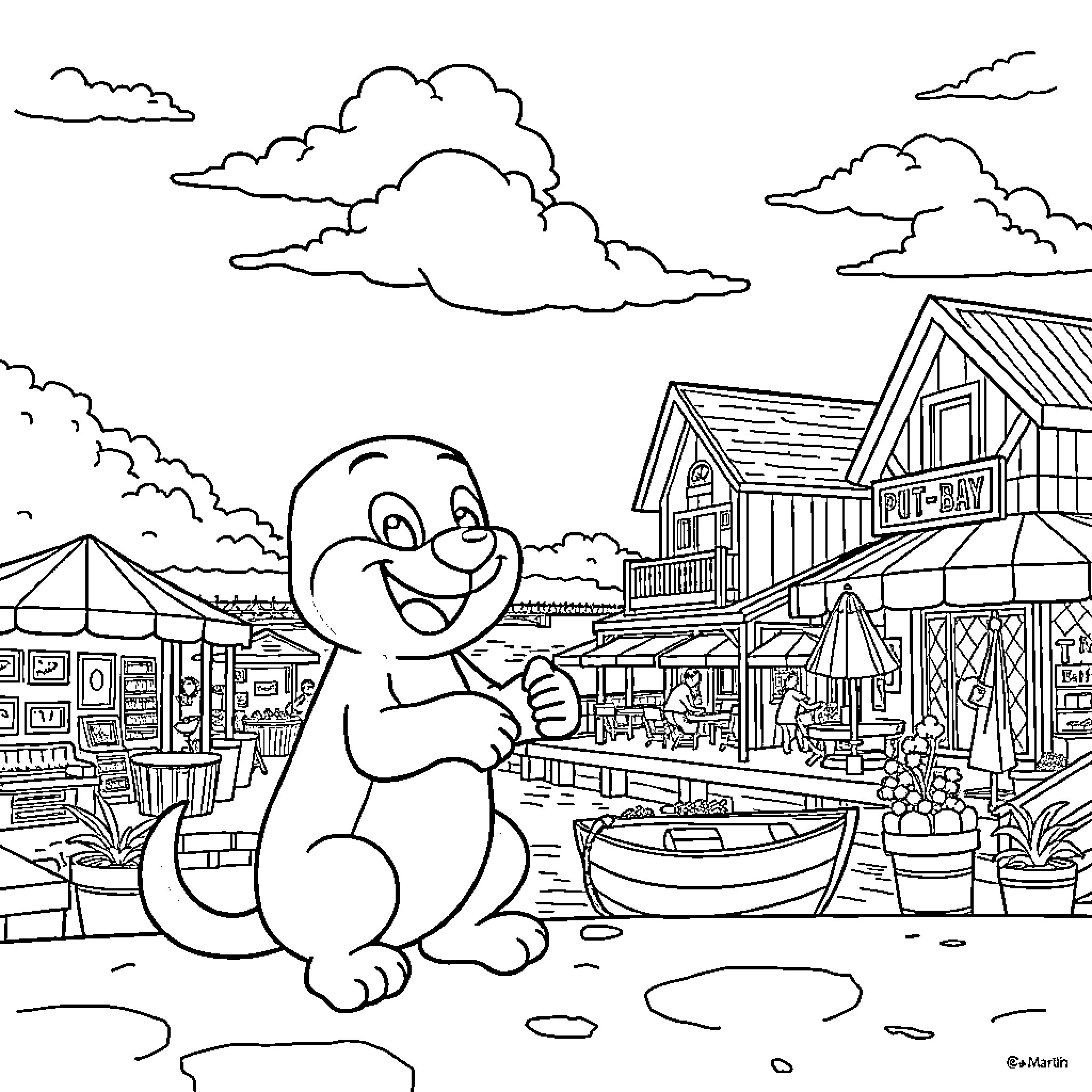 Bluey Explores the Lively Market Scene Coloring Page (free black-and-white line drawing printable PDF for all, from beginners to advanced learners, including children, teens, adults, and seniors)