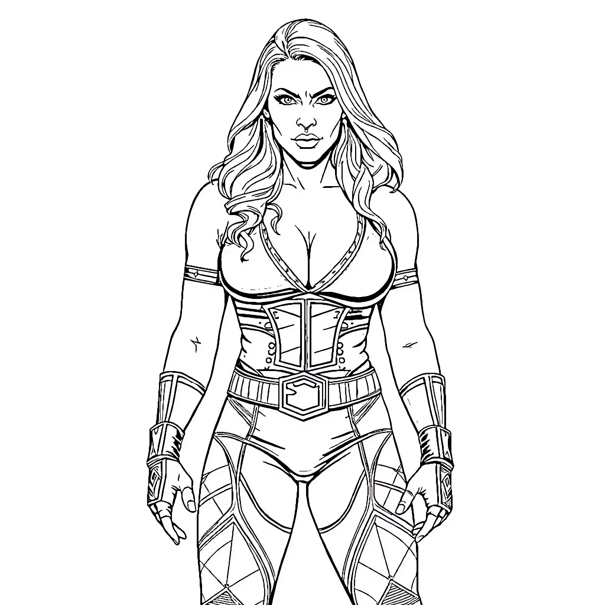 Becky Lynch in action-packed heroic pose Coloring Page (free black-and-white line drawing printable PDF for all, from beginners to advanced learners, including children, teens, adults, and seniors)