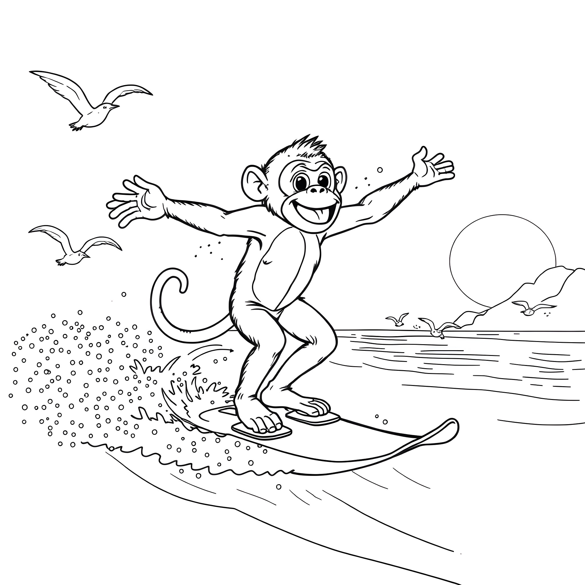 Monkey surfing happily on the waves Coloring Page (free black-and-white line drawing printable PDF for all, from beginners to advanced learners, including children, teens, adults, and seniors)