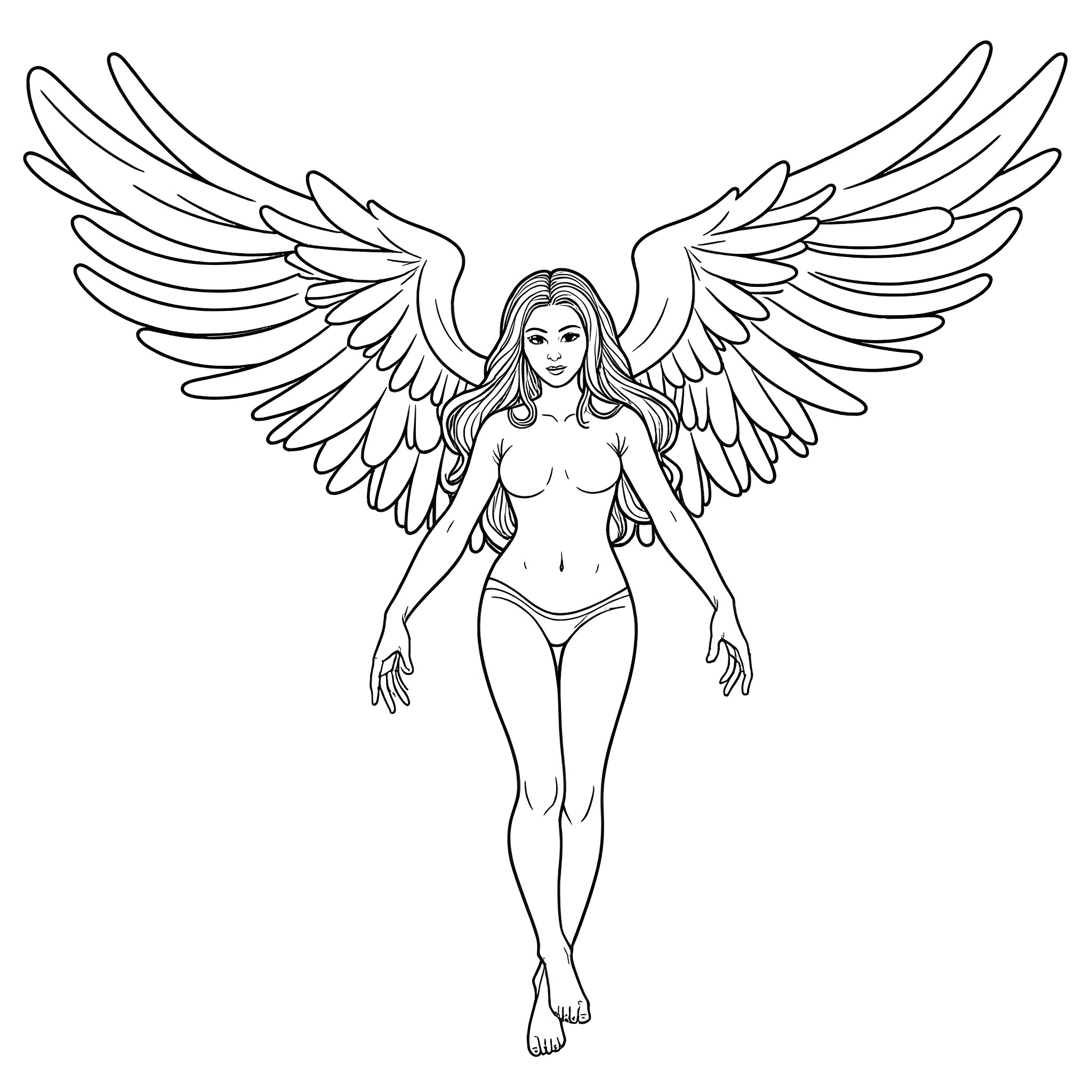 Fallen Angel in Flight Coloring Page (free black-and-white line drawing printable PDF for all, from beginners to advanced learners, including children, teens, adults, and seniors)
