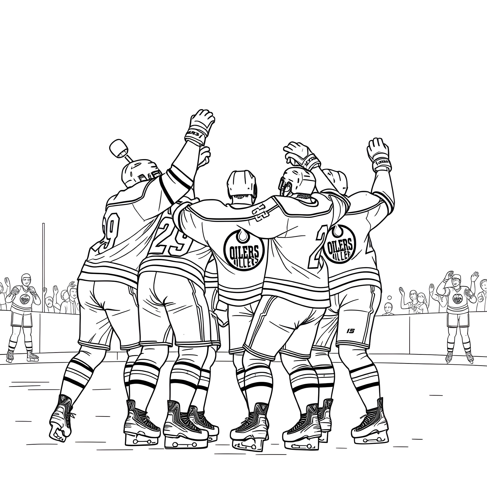 Oiler players celebrating victory on the ice Coloring Page (free black-and-white line drawing printable PDF for all, from beginners to advanced learners, including children, teens, adults, and seniors)