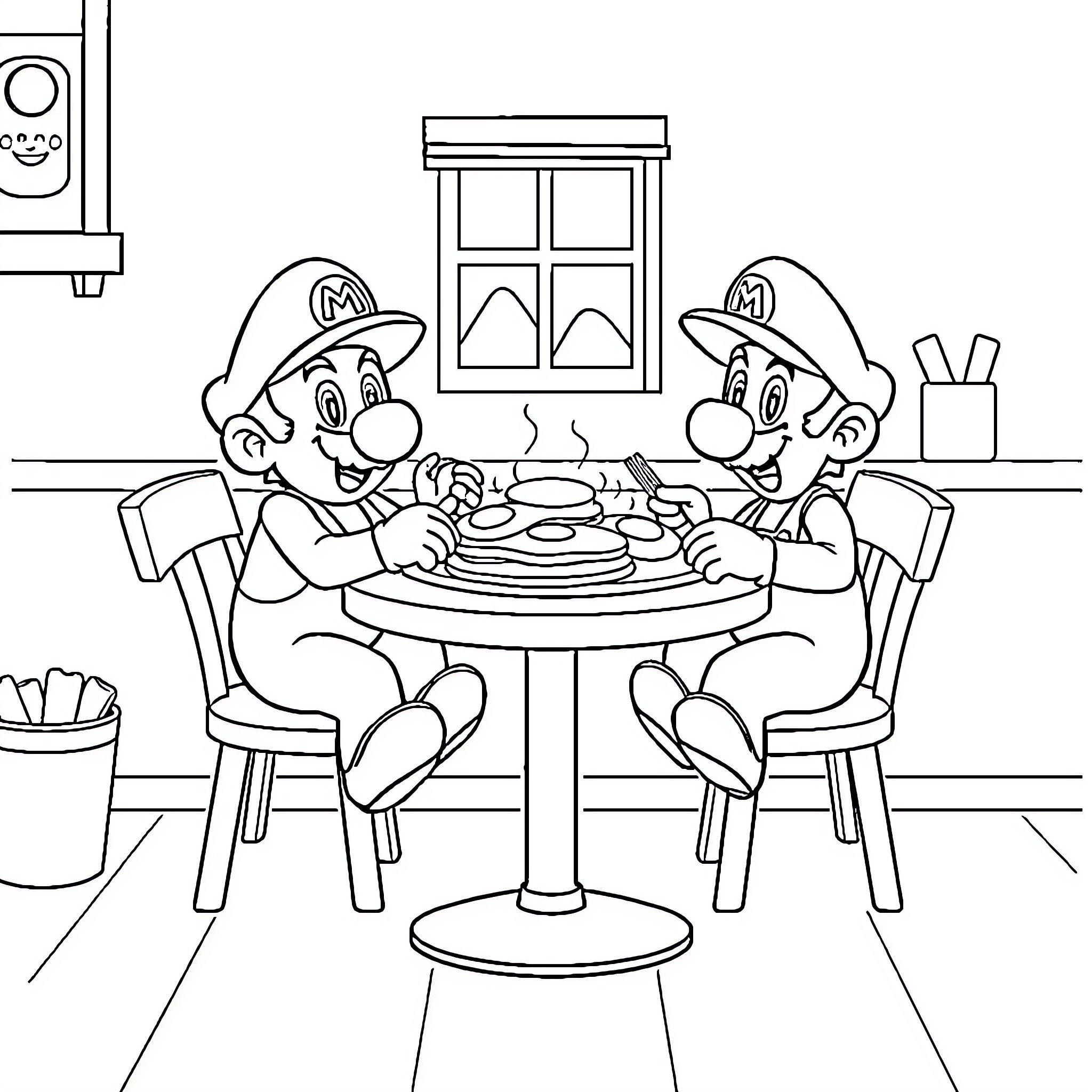 Mario and Luigi Enjoying Dinner Together Coloring Page (free black-and-white line drawing printable PDF for all, from beginners to advanced learners, including children, teens, adults, and seniors)