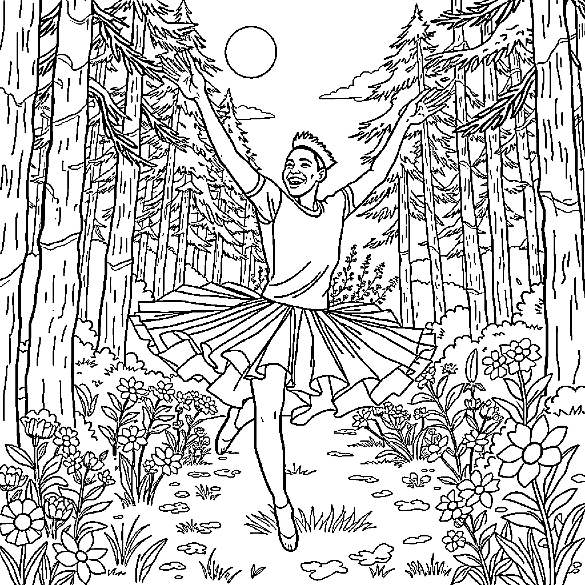 Aubameyang joyfully dancing in a vibrant forest setting Coloring Page (free black-and-white line drawing printable PDF for all, from beginners to advanced learners, including children, teens, adults, and seniors)
