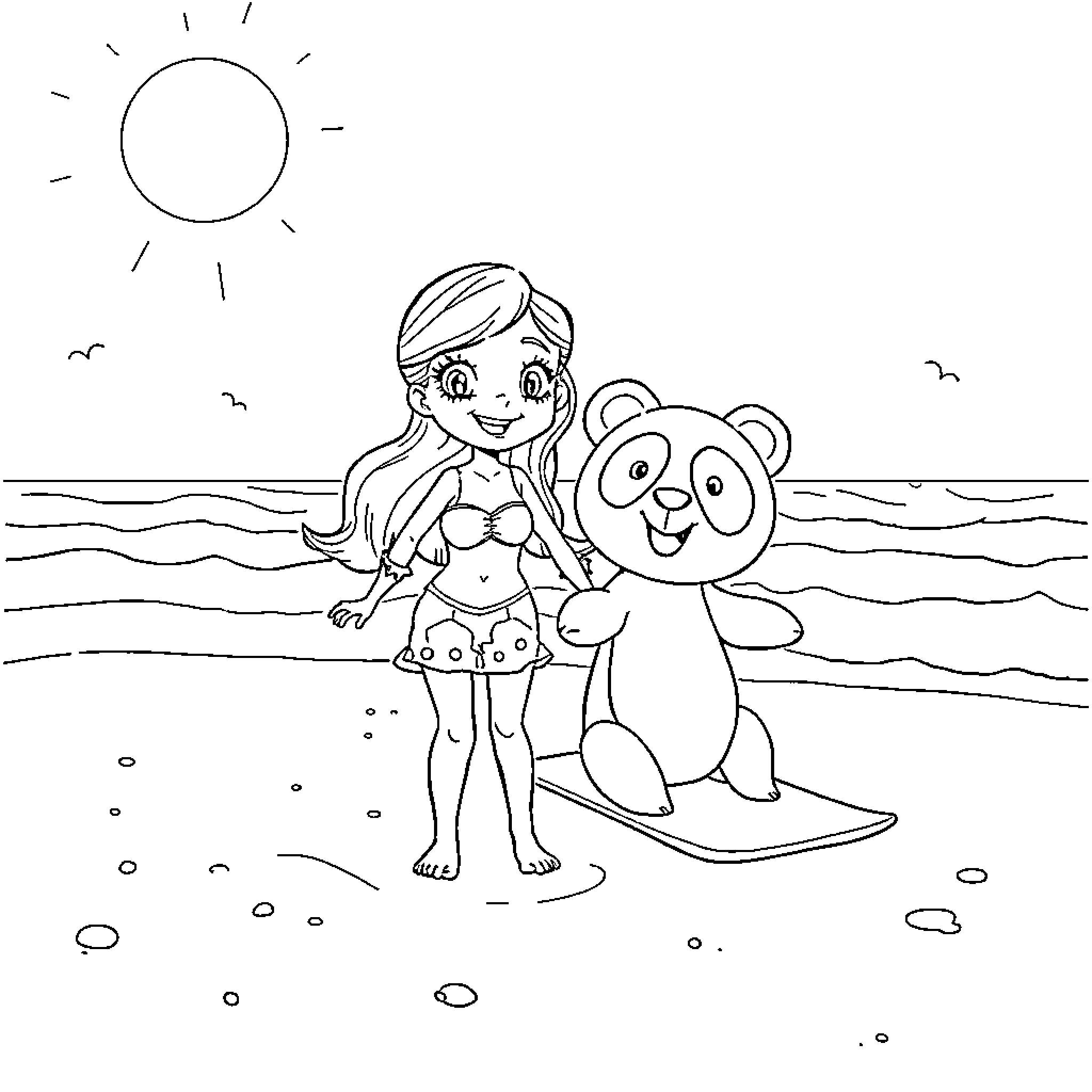 Gabby's beach day with her panda friend Coloring Page (free black-and-white line drawing printable PDF for all, from beginners to advanced learners, including children, teens, adults, and seniors)