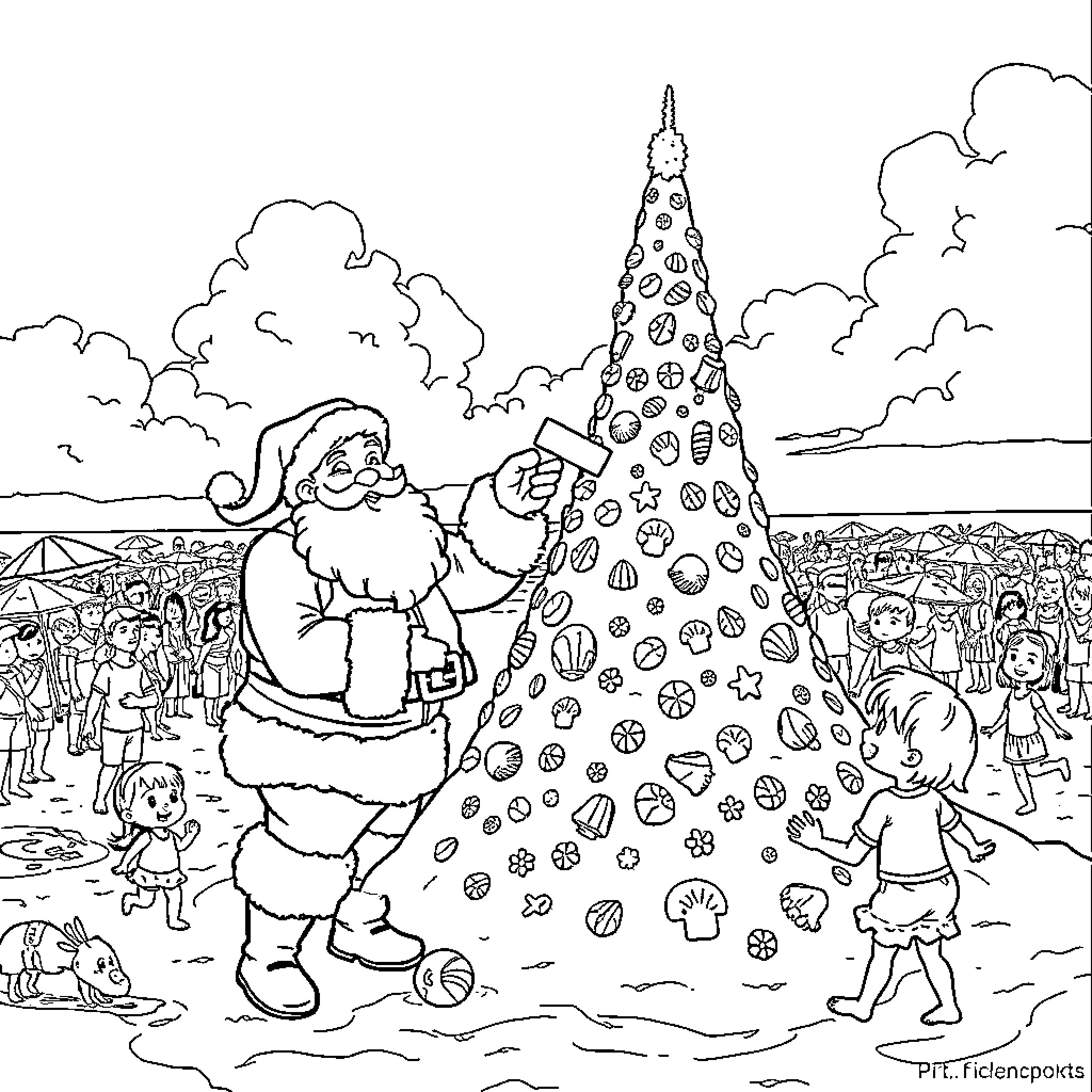 Santa decorating festive Christmas tree with children Coloring Page (free black-and-white line drawing printable PDF for all, from beginners to advanced learners, including children, teens, adults, and seniors)