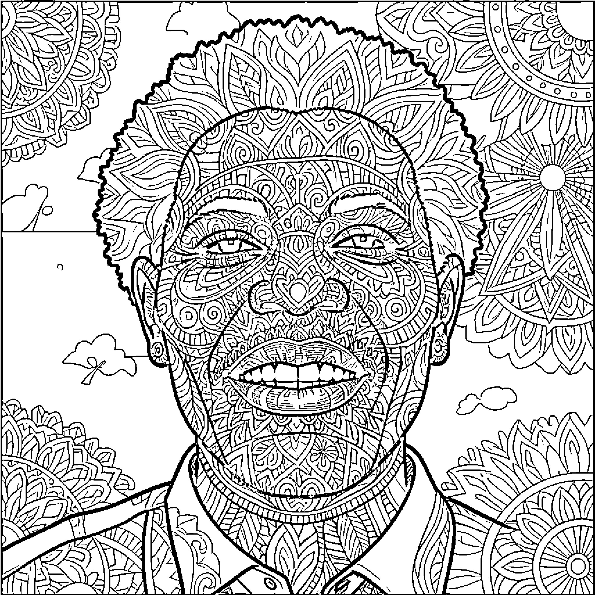 Mandala Portrait of Smiling Man Coloring Page (free black-and-white line drawing printable PDF for all, from beginners to advanced learners, including children, teens, adults, and seniors)