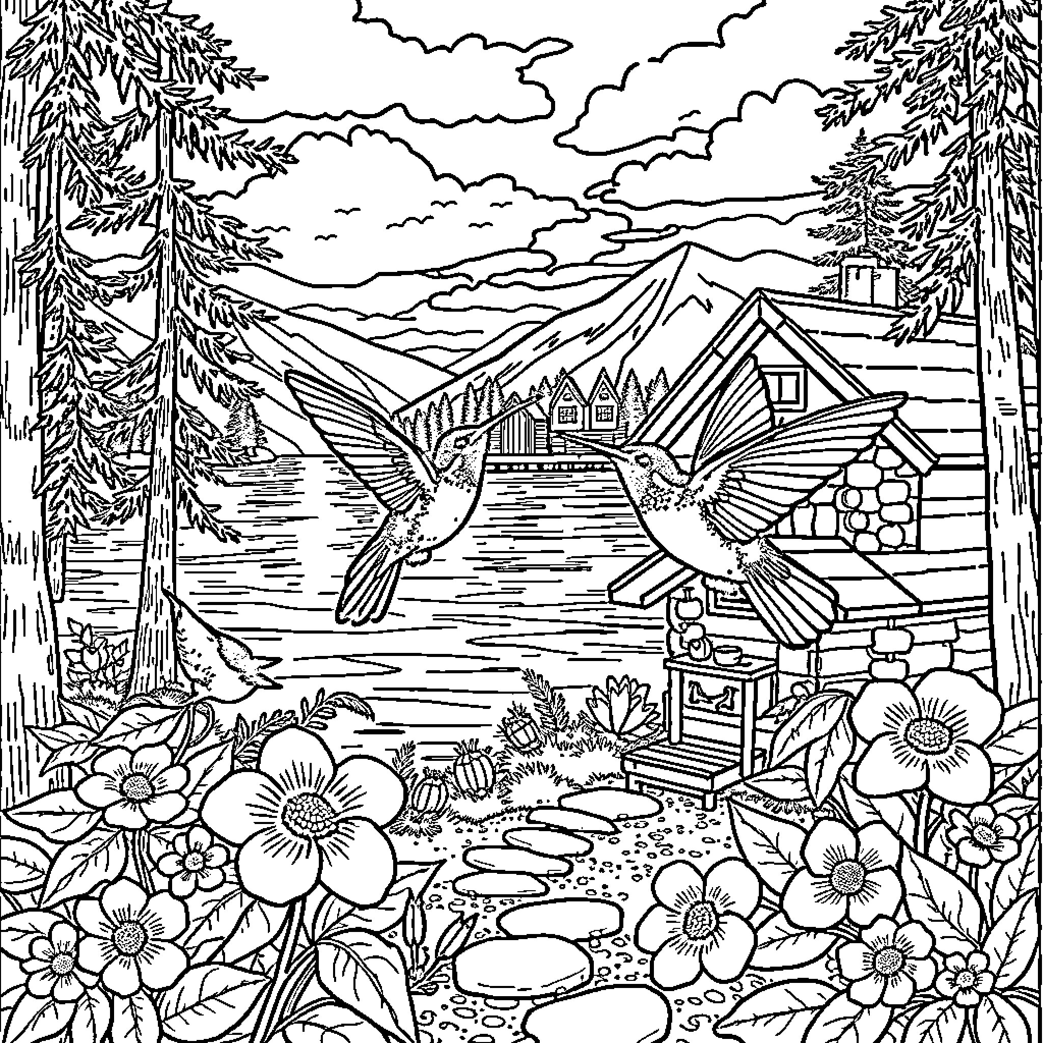 Hummingbirds hovering near a rustic cabin in the mountains Coloring Page (free black-and-white line drawing printable PDF for all, from beginners to advanced learners, including children, teens, adults, and seniors)