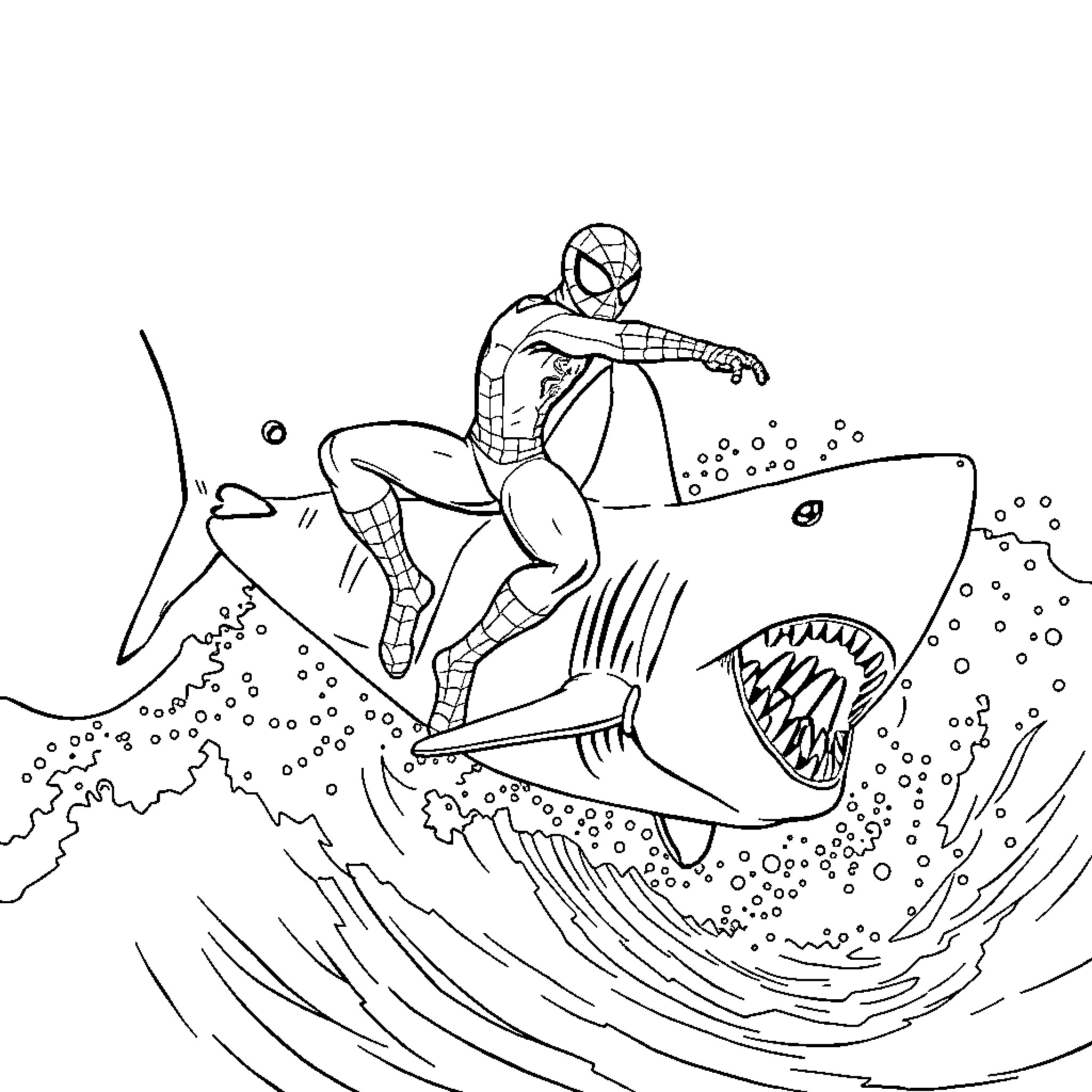Spiderman battles a monstrous sea creature Coloring Page (free black-and-white line drawing printable PDF for all, from beginners to advanced learners, including children, teens, adults, and seniors)