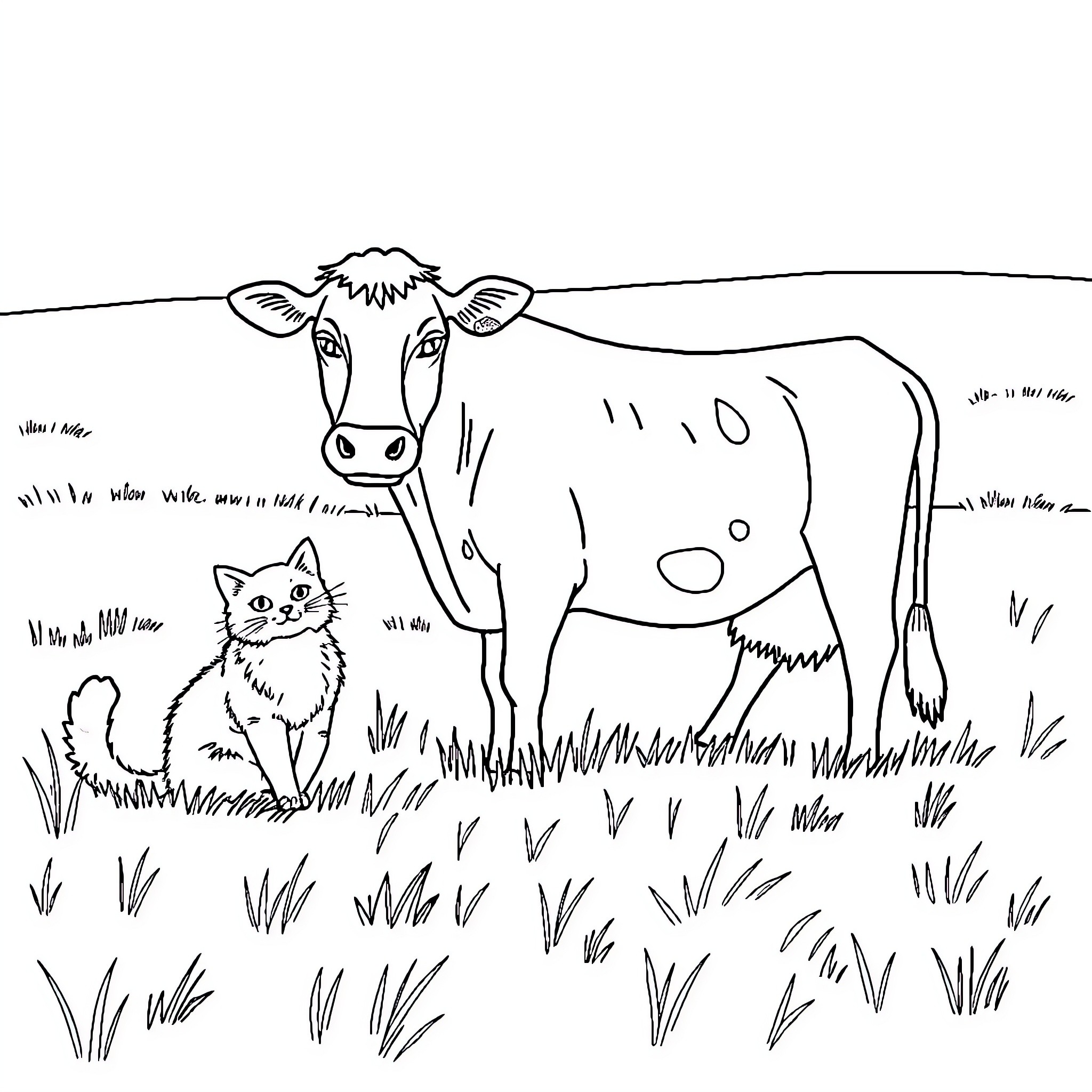 Cow and cat resting in the meadow Coloring Page (free black-and-white line drawing printable PDF for all, from beginners to advanced learners, including children, teens, adults, and seniors)