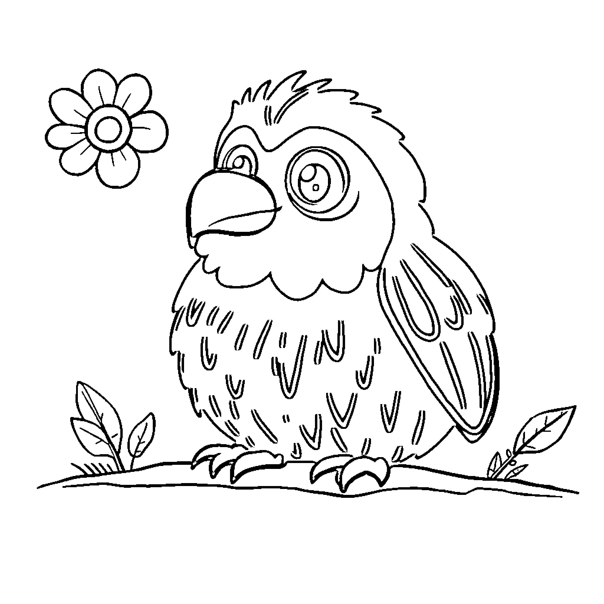 Book with Playful Parrot and Flower Coloring Page (free black-and-white line drawing printable PDF for all, from beginners to advanced learners, including children, teens, adults, and seniors)