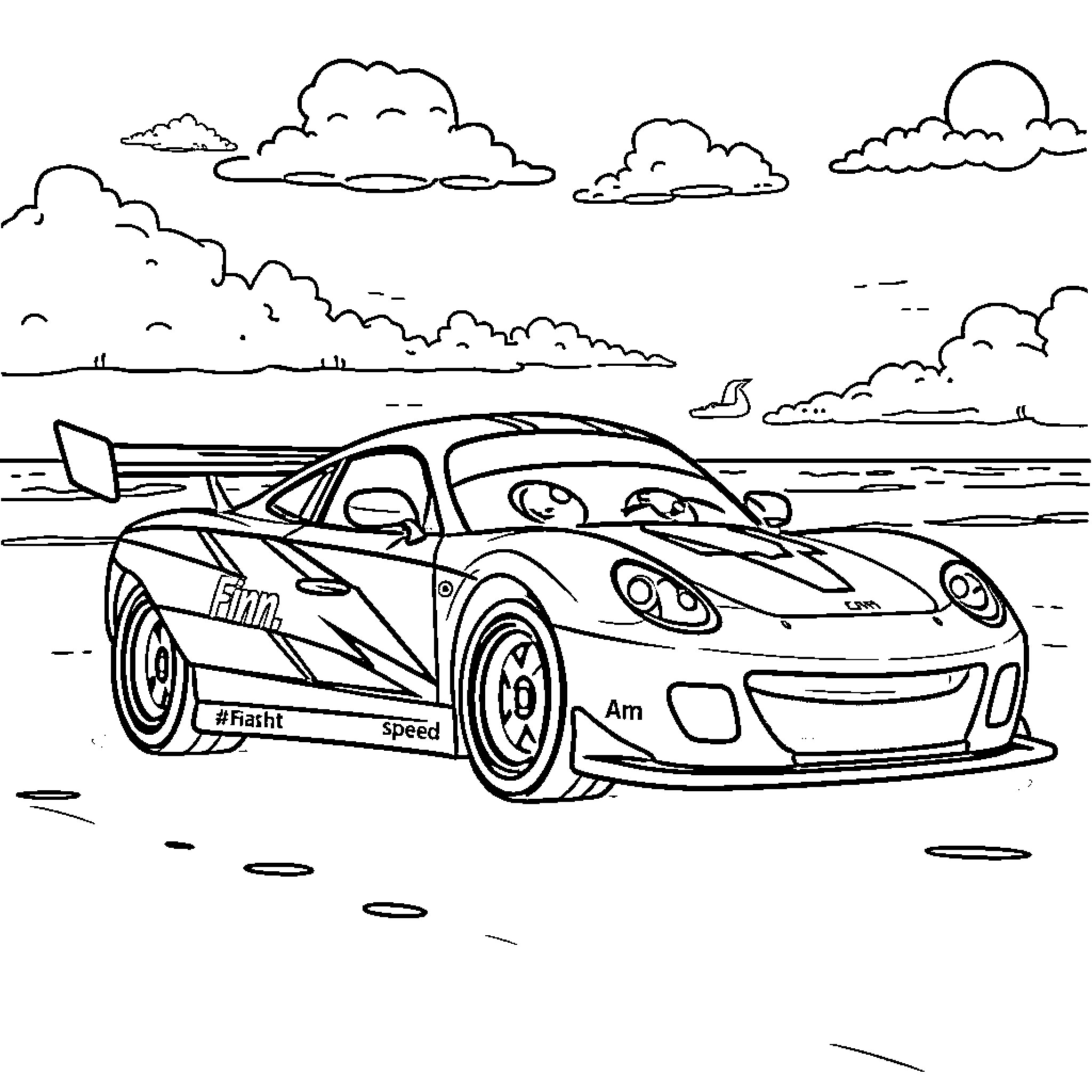 Race Car speeding on a scenic road Coloring Page (free black-and-white line drawing printable PDF for all, from beginners to advanced learners, including children, teens, adults, and seniors)