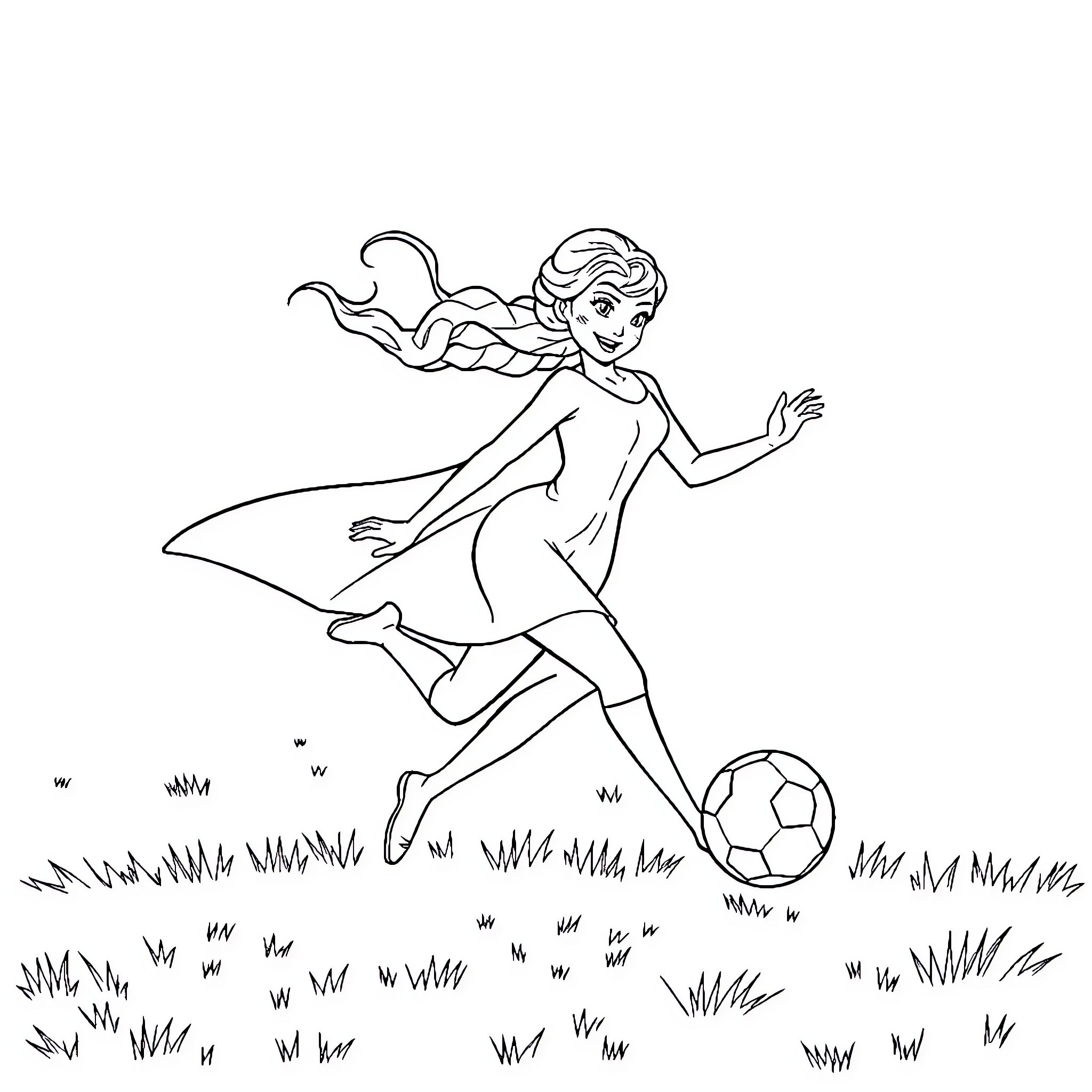 Elsa playing soccer in the field Coloring Page (free black-and-white line drawing printable PDF for all, from beginners to advanced learners, including children, teens, adults, and seniors)