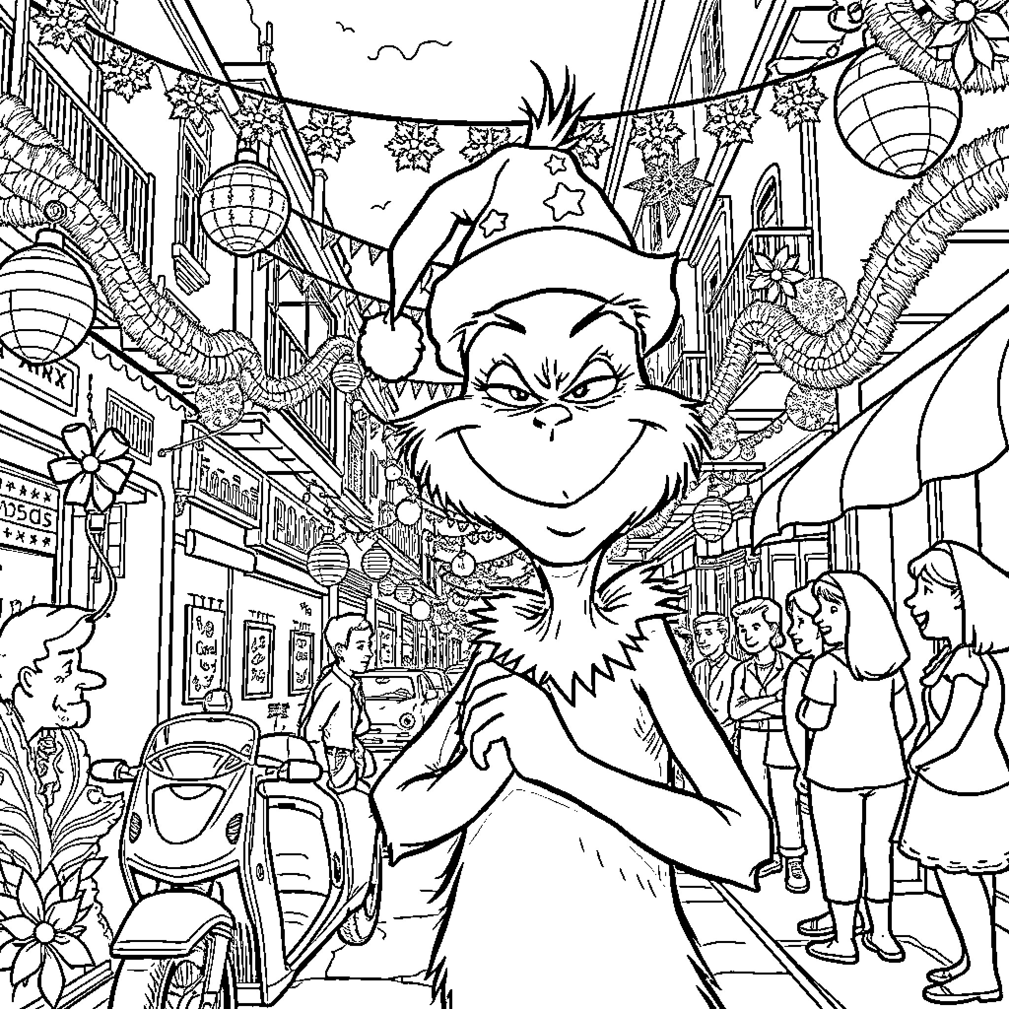 Grinch Celebrating Festive Cheer in Lively Town Coloring Page (free black-and-white line drawing printable PDF for all, from beginners to advanced learners, including children, teens, adults, and seniors)