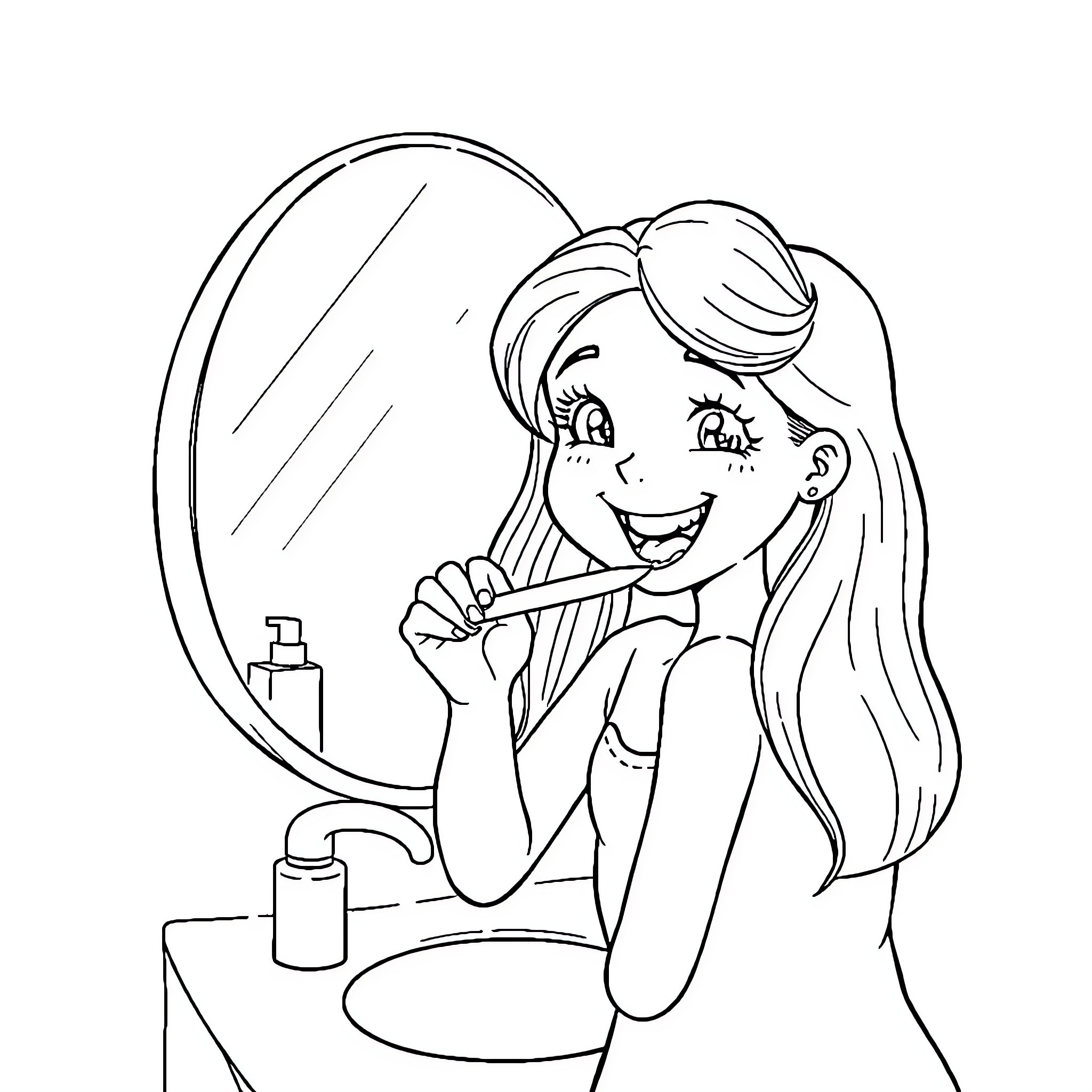 Girl Happily Brushing Her Hair in Front of Mirror Coloring Page (free black-and-white line drawing printable PDF for all, from beginners to advanced learners, including children, teens, adults, and seniors)