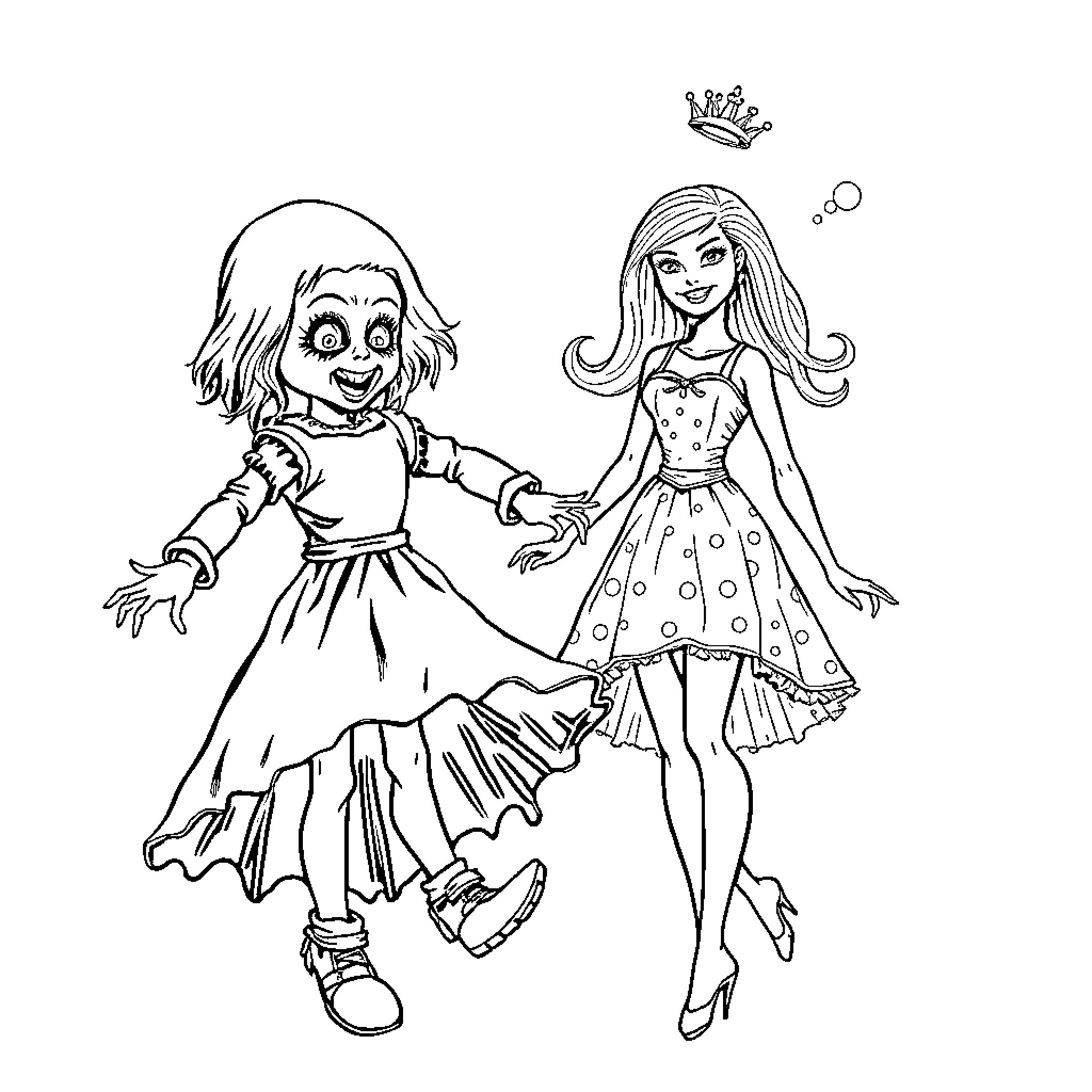 Doll friends dancing and celebrating Coloring Page (free black-and-white line drawing printable PDF for all, from beginners to advanced learners, including children, teens, adults, and seniors)