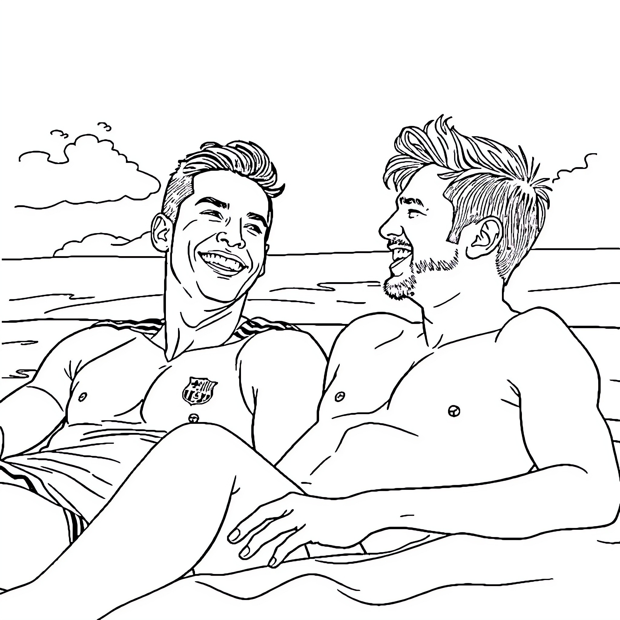 Cristiano Ronaldo and Friend Relaxing at the Beach Coloring Page (free black-and-white line drawing printable PDF for all, from beginners to advanced learners, including children, teens, adults, and seniors)