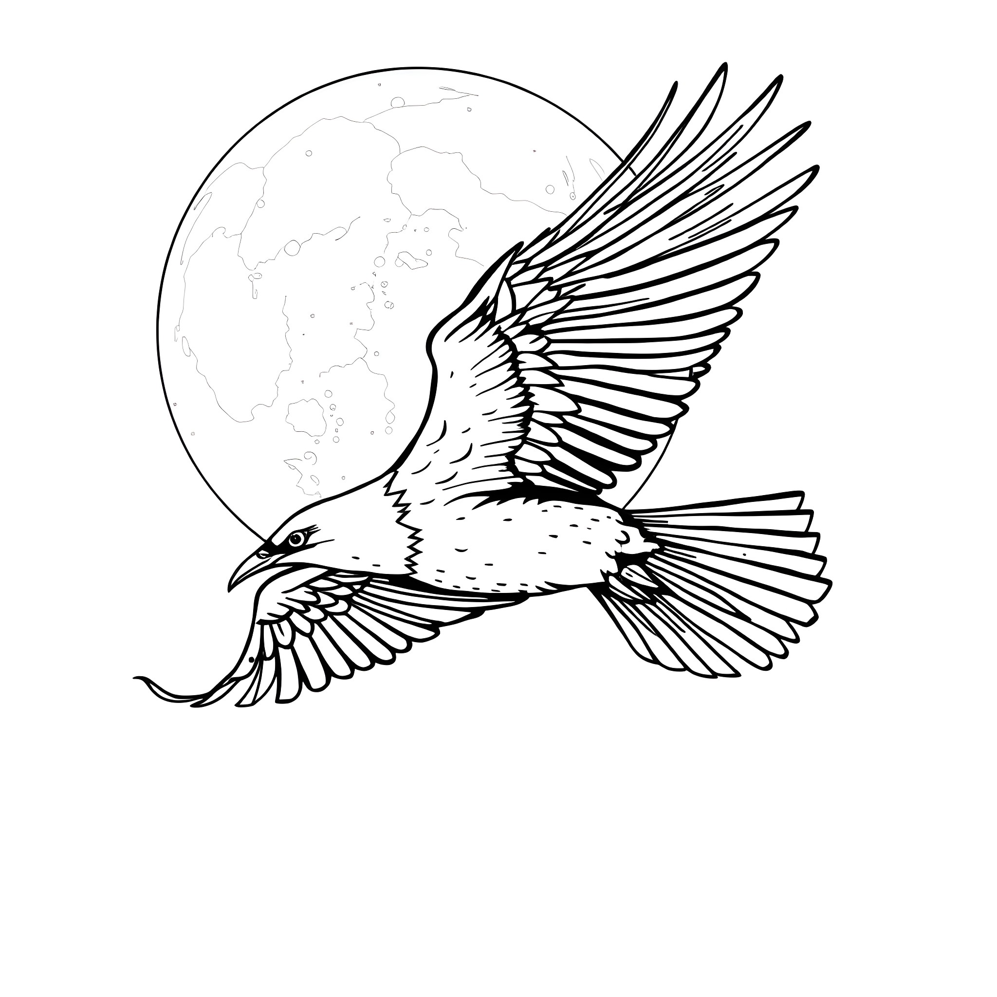Thunderbird soaring majestically against the moon Coloring Page (free black-and-white line drawing printable PDF for all, from beginners to advanced learners, including children, teens, adults, and seniors)