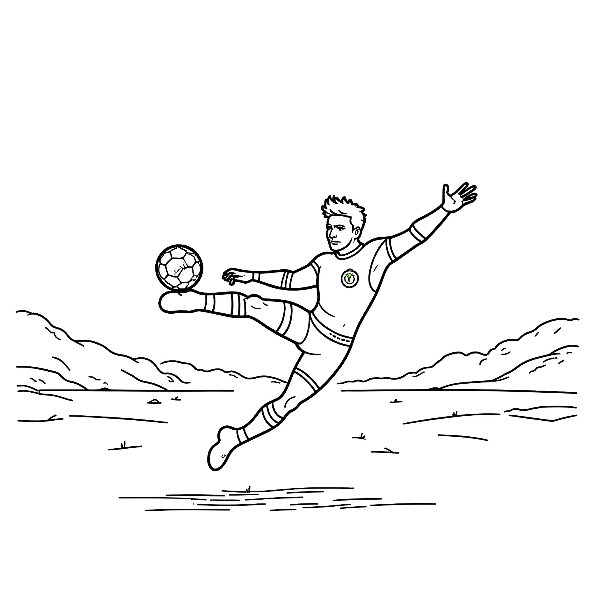 Green Lantern Goalkeeper Diving for the Ball Coloring Page (free black-and-white line drawing printable PDF for all, from beginners to advanced learners, including children, teens, adults, and seniors)