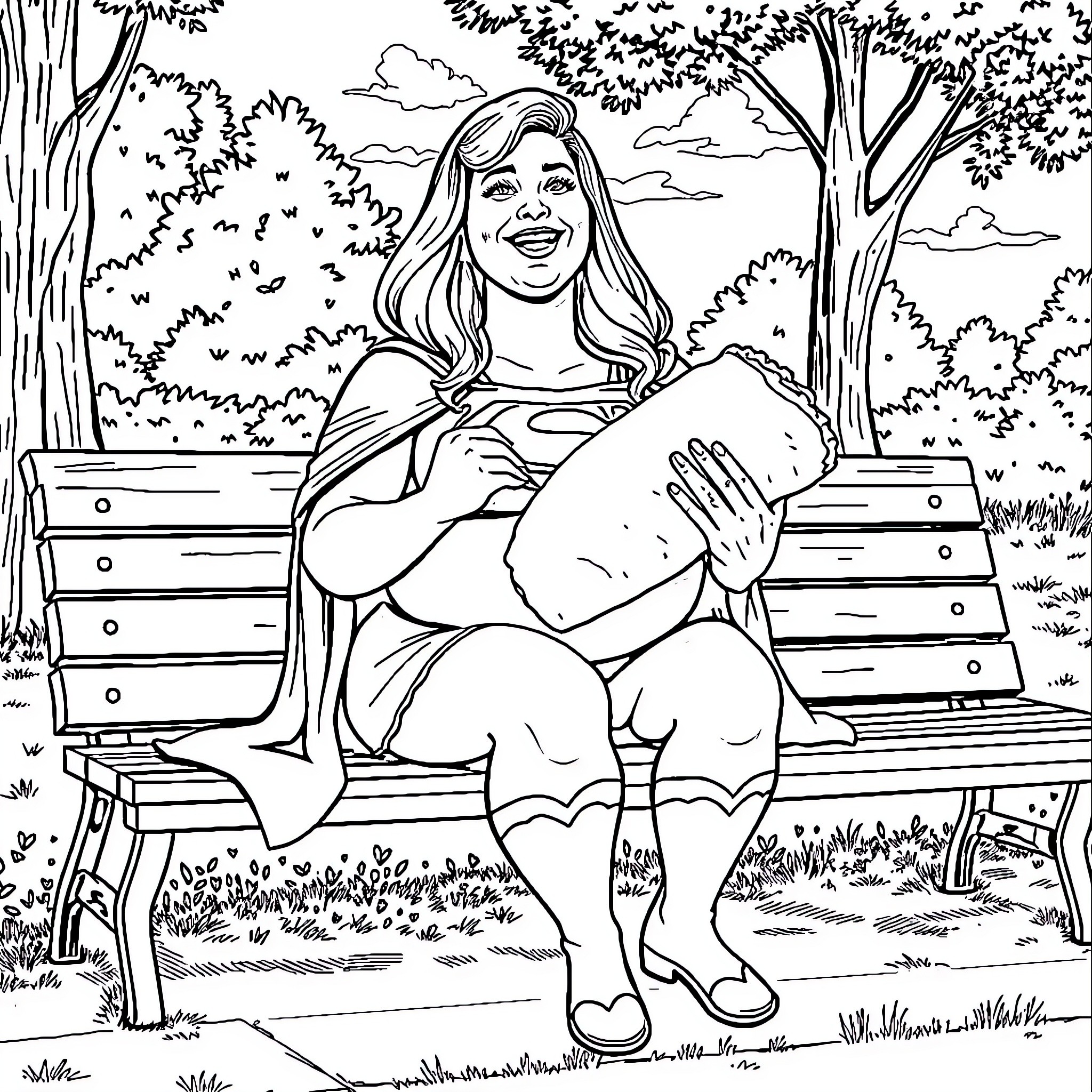 Super Girl Relaxing on a Park Bench Coloring Page (free black-and-white line drawing printable PDF for all, from beginners to advanced learners, including children, teens, adults, and seniors)